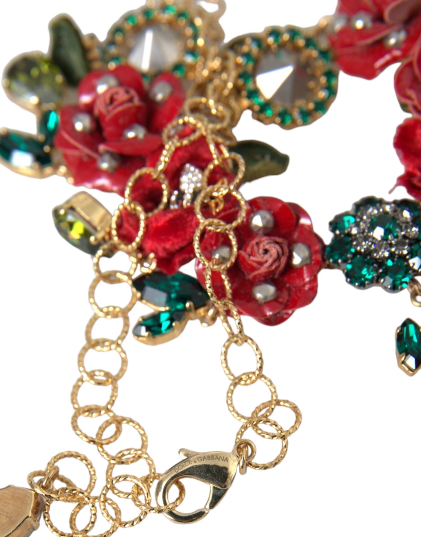 Dolce & Gabbana Gold Brass Link Chain RosePetal Crystal Pendant Necklace Curated Luxury Accessories by Orvyn