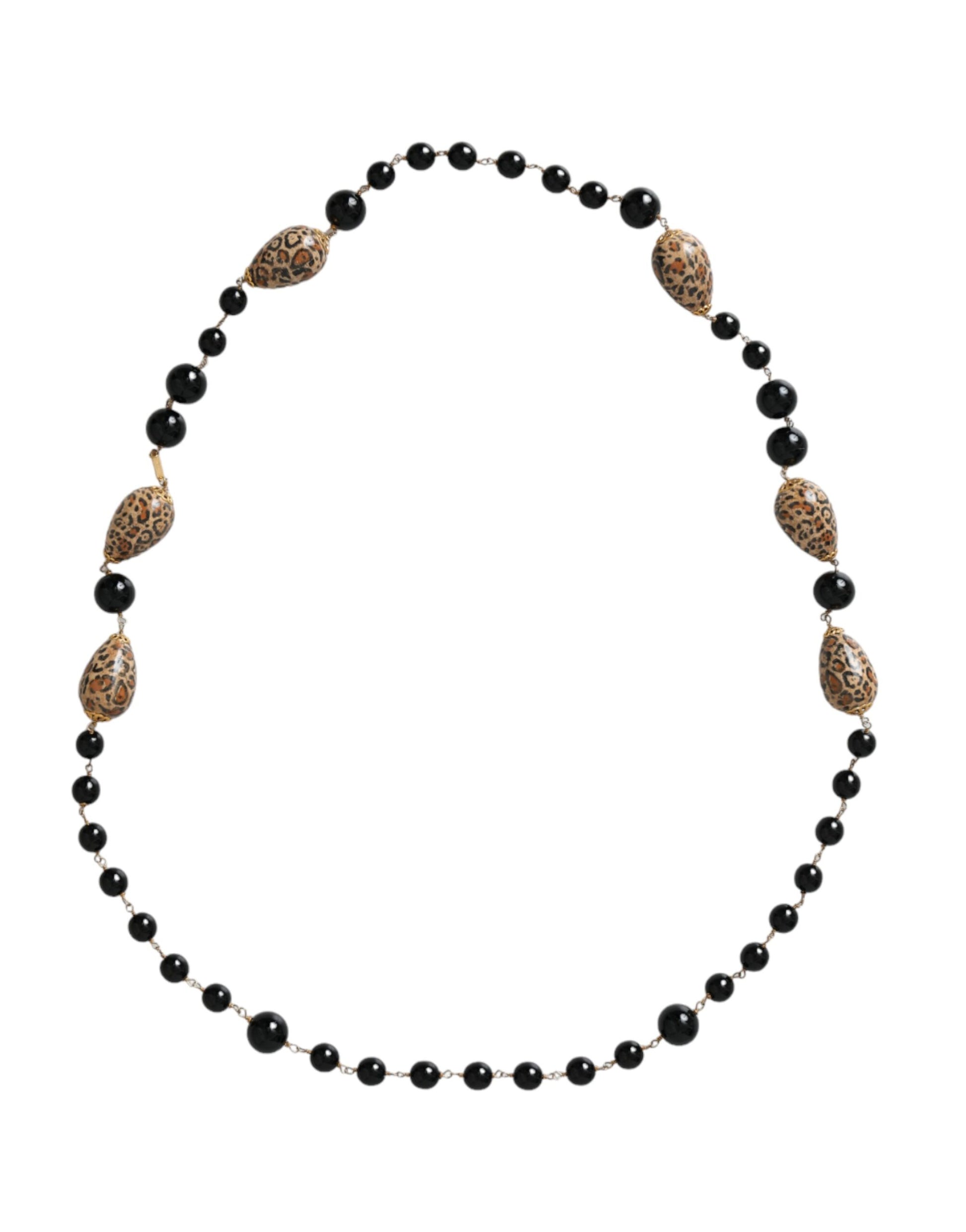 Dolce & Gabbana Gold Tone Brass Black Printed Beaded Long Chain Necklace Curated Luxury Accessories by Orvyn