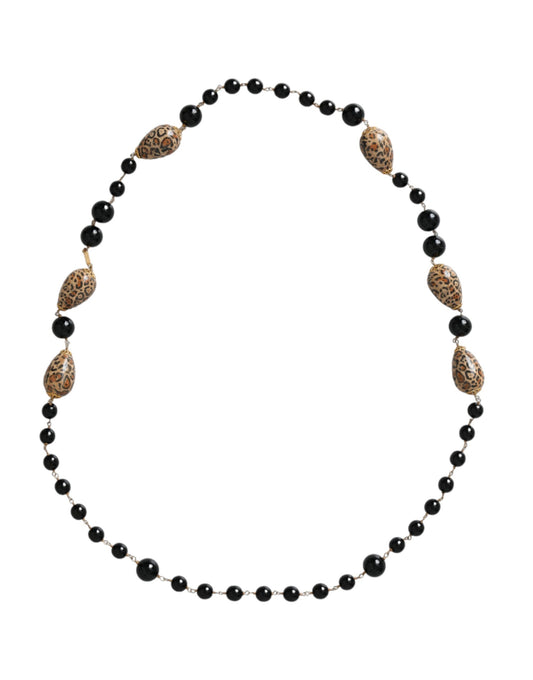 Dolce & Gabbana Gold Tone Brass Black Printed Beaded Long Chain Necklace Curated Luxury Accessories by Orvyn