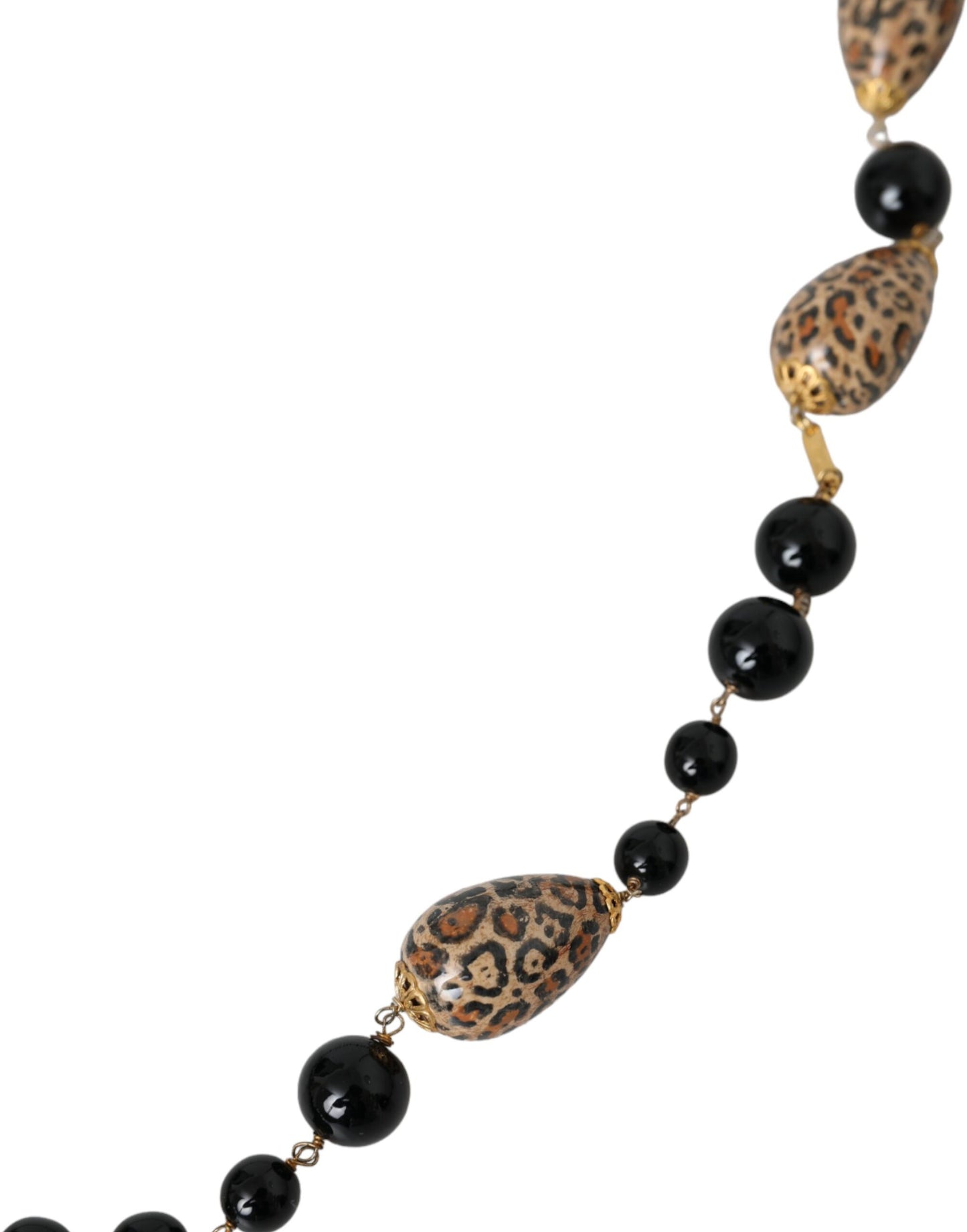 Dolce & Gabbana Gold Tone Brass Black Printed Beaded Long Chain Necklace Curated Luxury Accessories by Orvyn