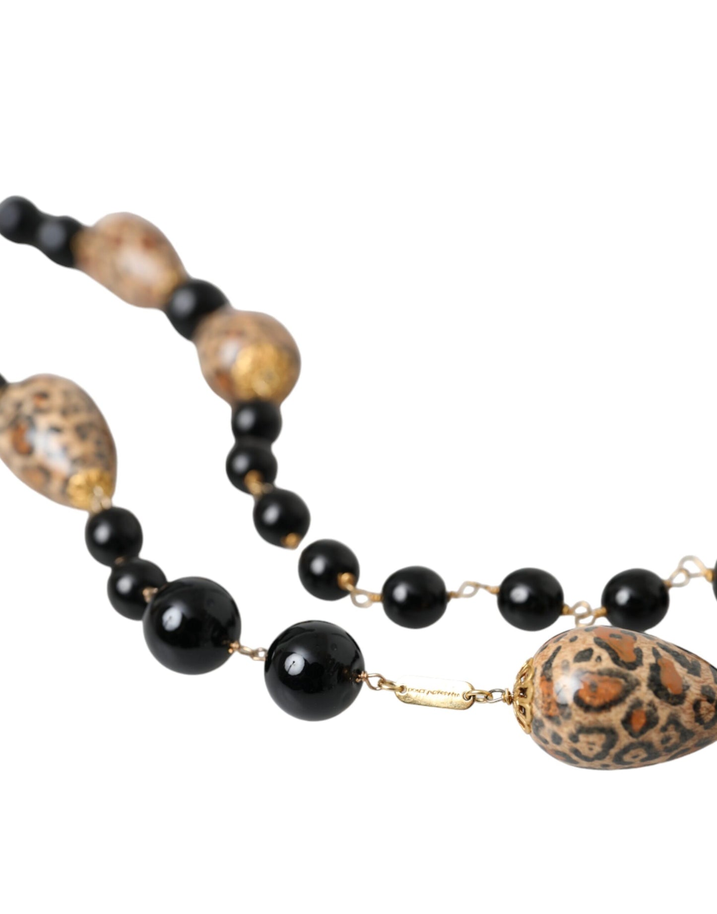 Dolce & Gabbana Gold Tone Brass Black Printed Beaded Long Chain Necklace Curated Luxury Accessories by Orvyn