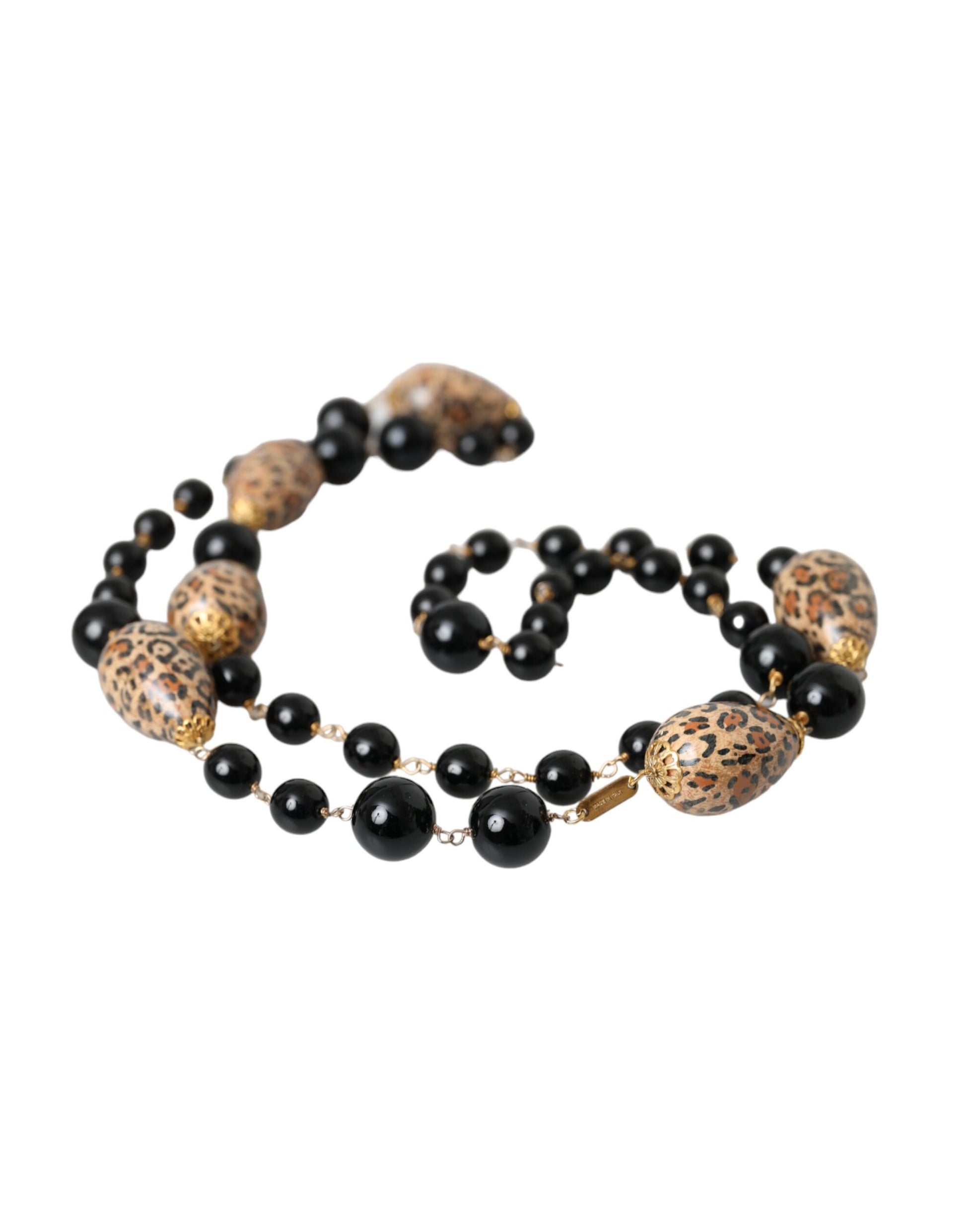 Dolce & Gabbana Gold Tone Brass Black Printed Beaded Long Chain Necklace Curated Luxury Accessories by Orvyn