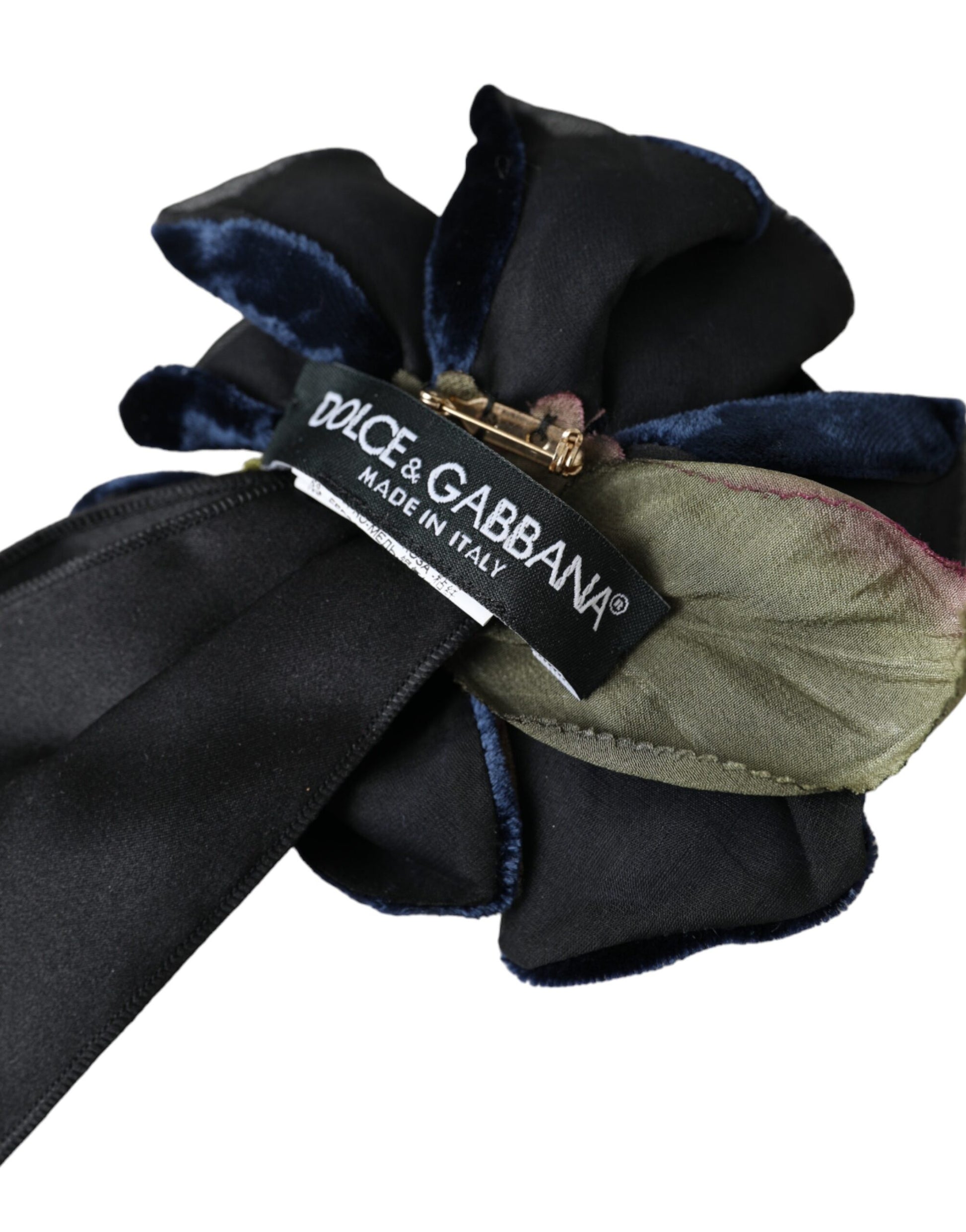 Dolce & Gabbana Black Silk Gold Brass Floral Hair Pin Brooch schwarz