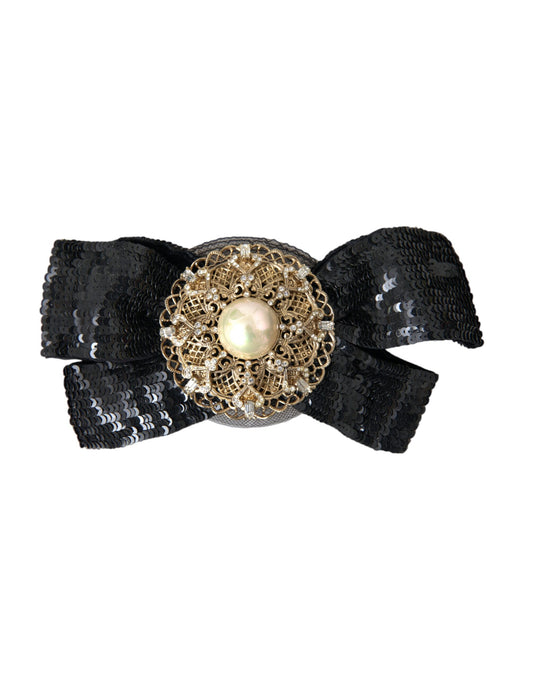 Dolce & Gabbana Black Sequin Pearl Handmade Brooch Hair Pin Curated Luxury Accessories by Orvyn