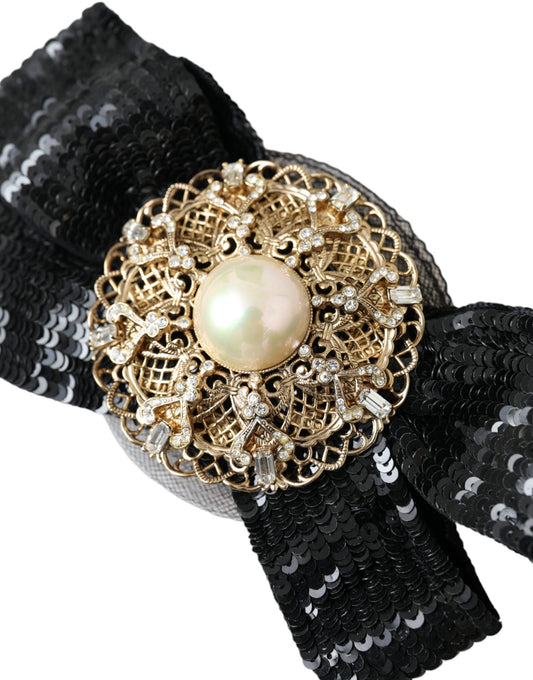 Dolce & Gabbana Black Sequin Pearl Handmade Brooch Hair Pin Curated Luxury Accessories by Orvyn