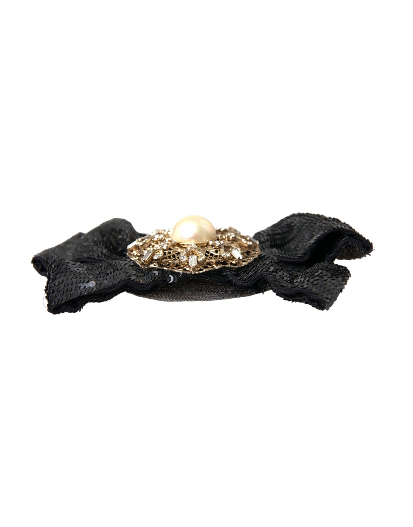 Dolce & Gabbana Black Sequin Pearl Handmade Brooch Hair Pin Curated Luxury Accessories by Orvyn