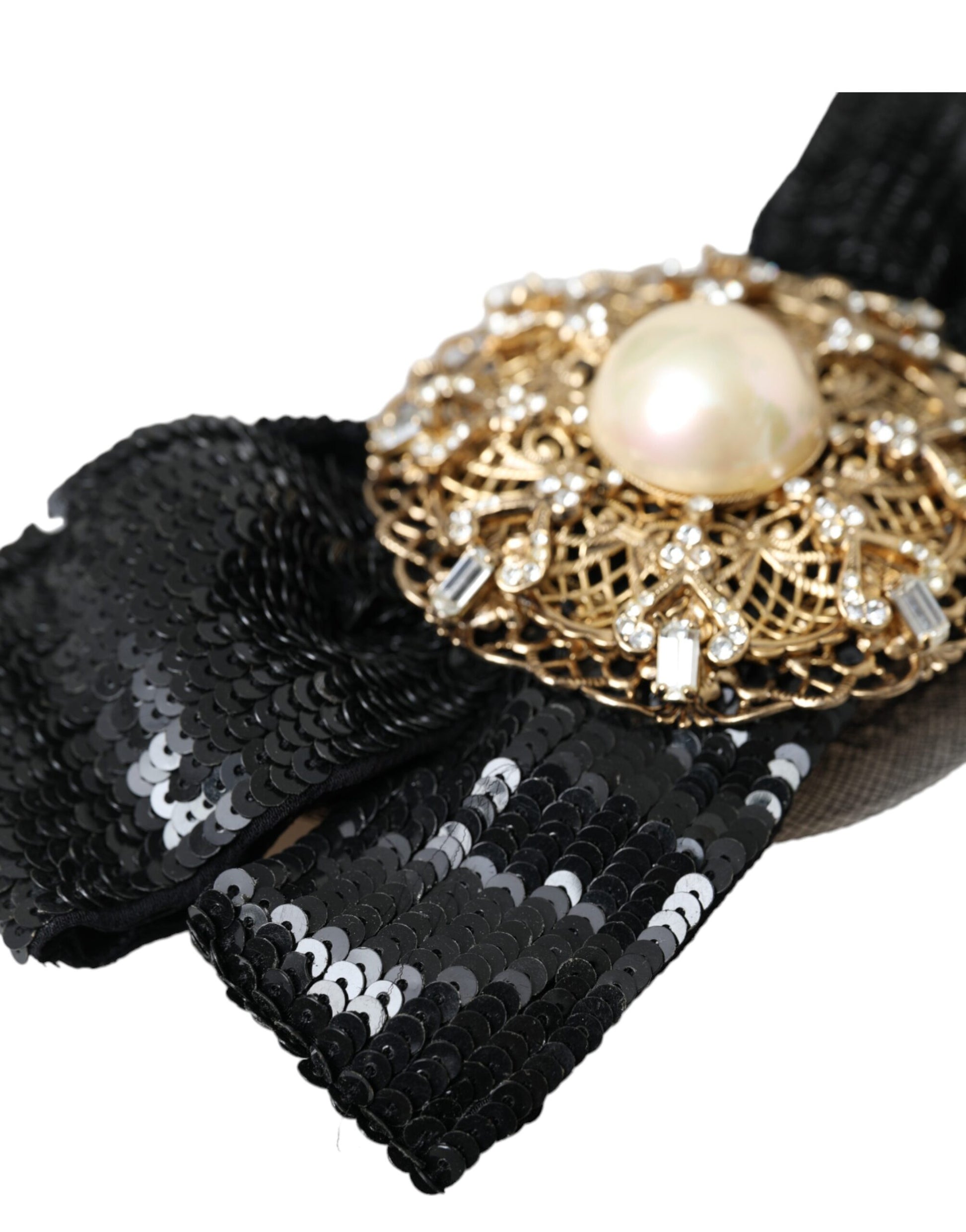 Dolce & Gabbana Black Sequin Pearl Handmade Brooch Hair Pin Curated Luxury Accessories by Orvyn