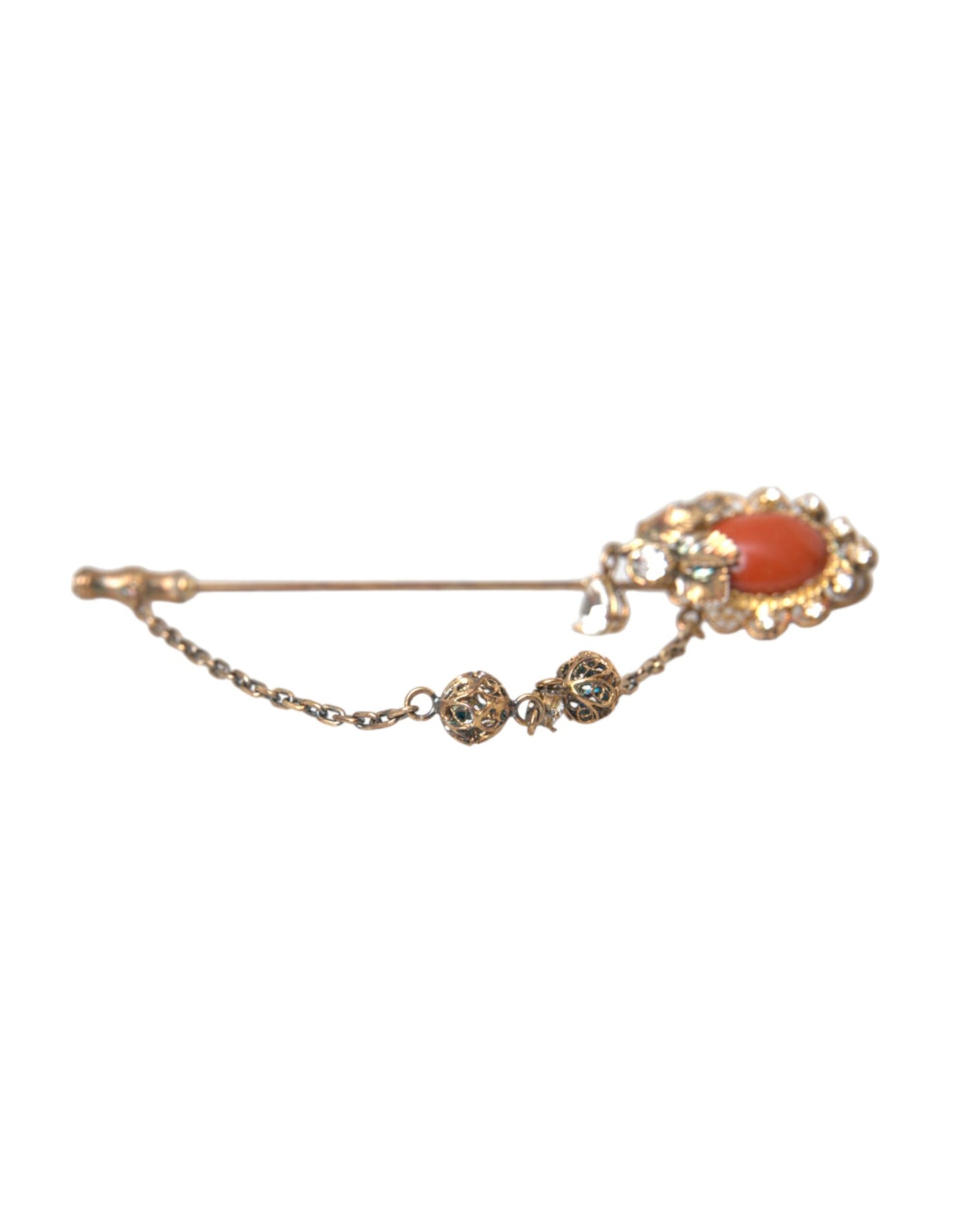 Dolce & Gabbana Gold Brass Crystal Chain 925 Sterling Silver Pin Brooch Curated Luxury Accessories by Orvyn
