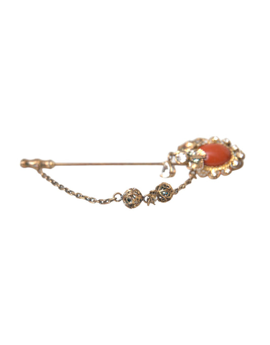 Dolce & Gabbana Gold Brass Crystal Chain 925 Sterling Silver Pin Brooch Curated Luxury Accessories by Orvyn