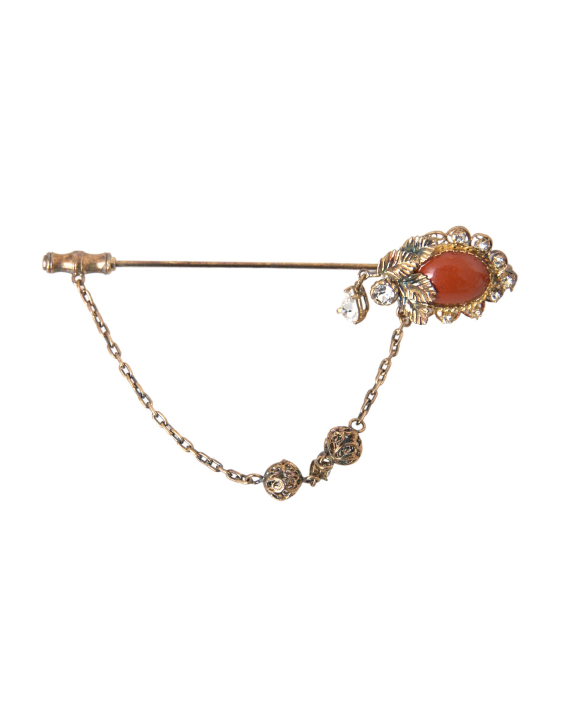Dolce & Gabbana Gold Brass Crystal Chain 925 Sterling Silver Pin Brooch Curated Luxury Accessories by Orvyn