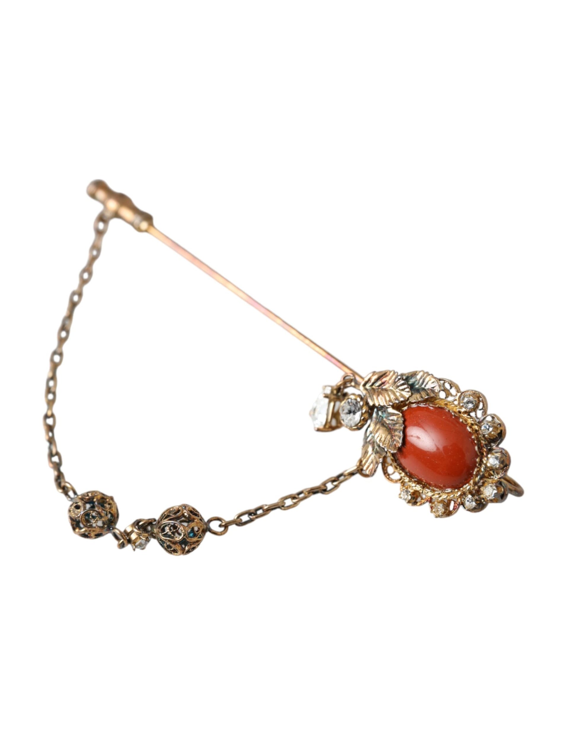 Dolce & Gabbana Gold Brass Crystal Chain 925 Sterling Silver Pin Brooch Curated Luxury Accessories by Orvyn