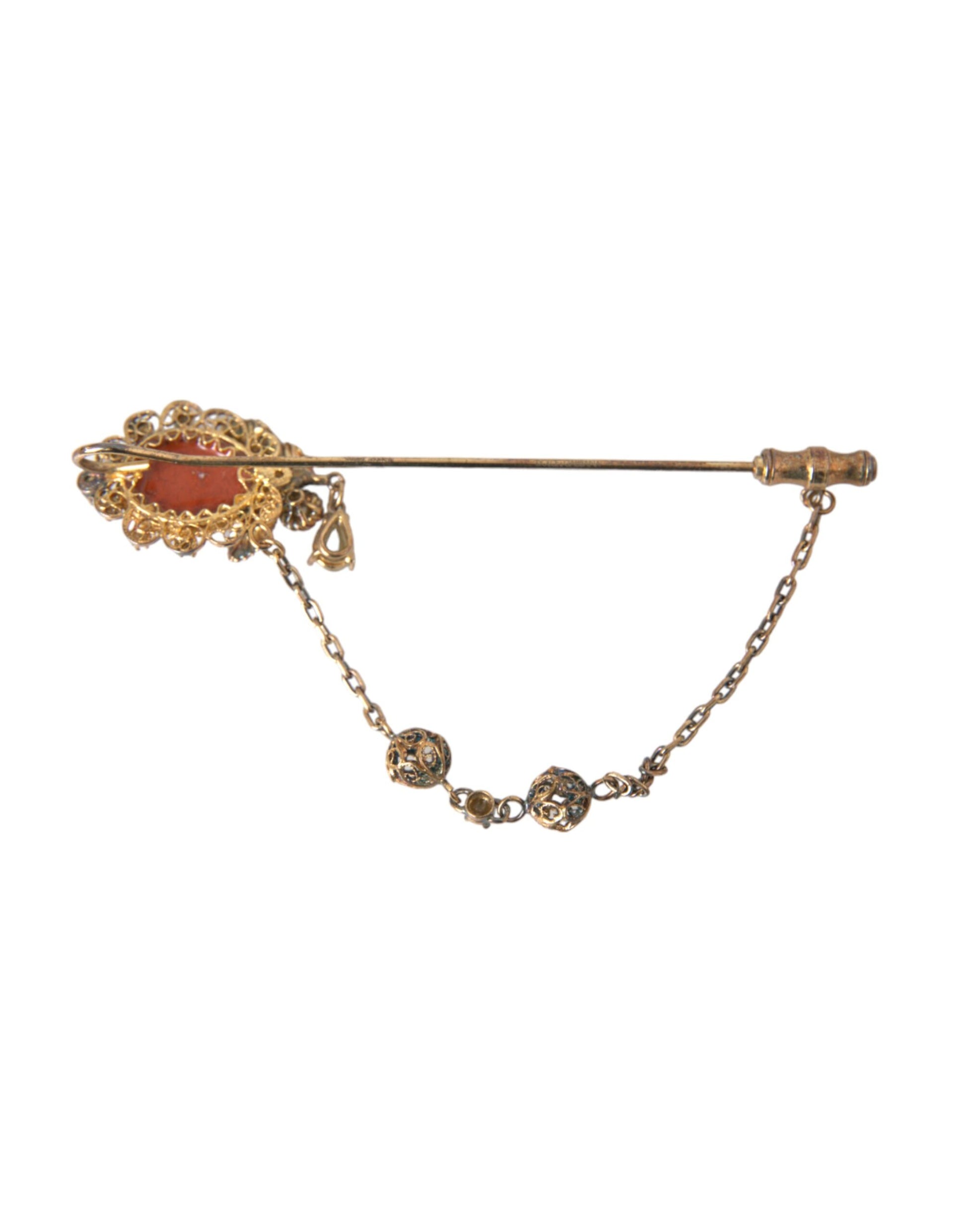 Dolce & Gabbana Gold Brass Crystal Chain 925 Sterling Silver Pin Brooch Curated Luxury Accessories by Orvyn