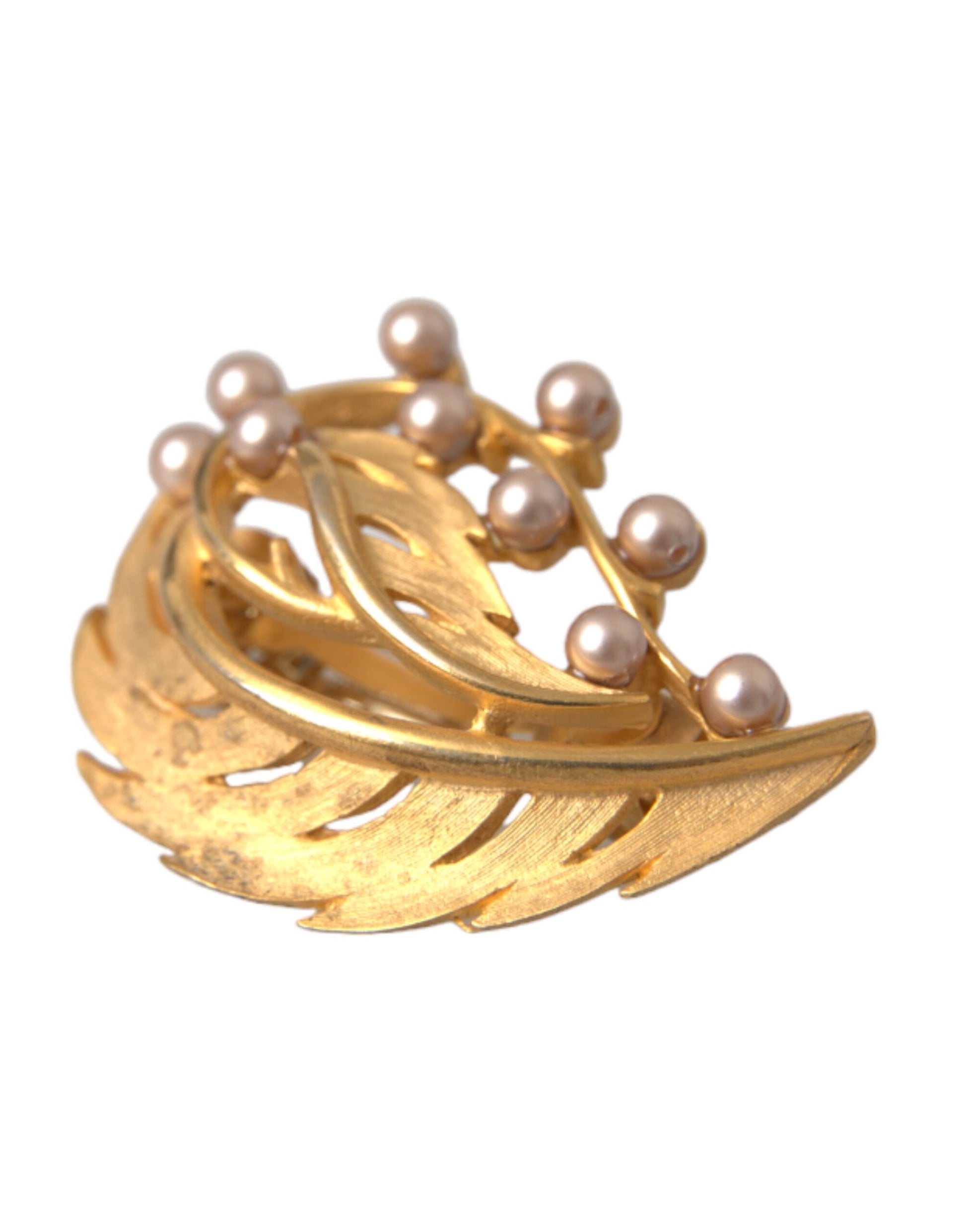 Dolce & Gabbana Gold Brass Leaf Embellished Jewelry Brooch Hair Pin Curated Luxury Accessories by Orvyn