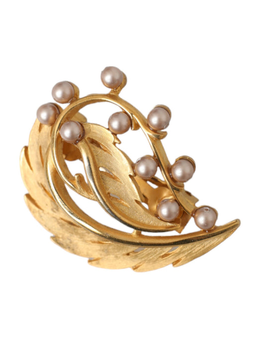 Dolce & Gabbana Gold Brass Leaf Embellished Jewelry Brooch Hair Pin Curated Luxury Accessories by Orvyn
