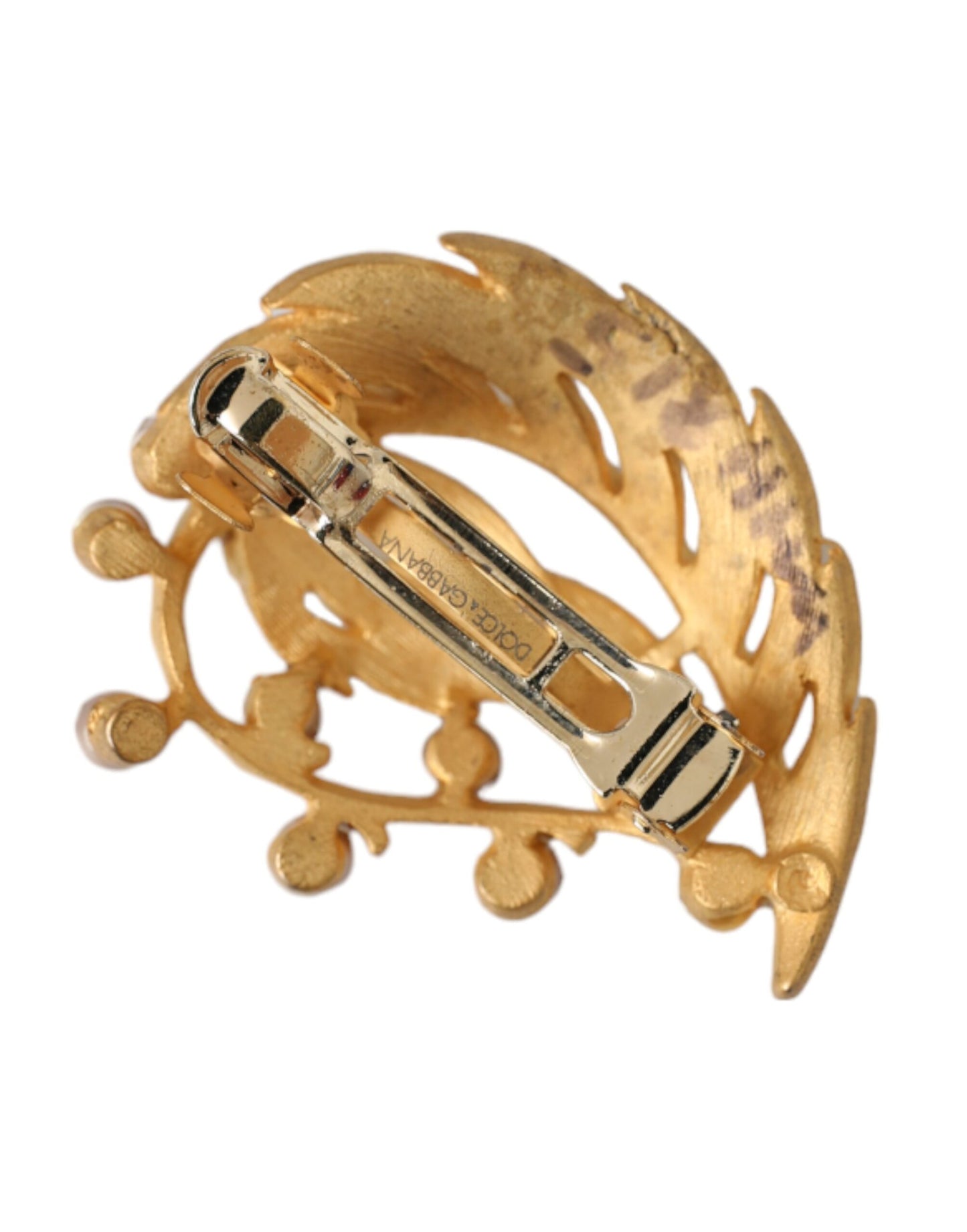 Dolce & Gabbana Gold Brass Leaf Embellished Jewelry Brooch Hair Pin Curated Luxury Accessories by Orvyn