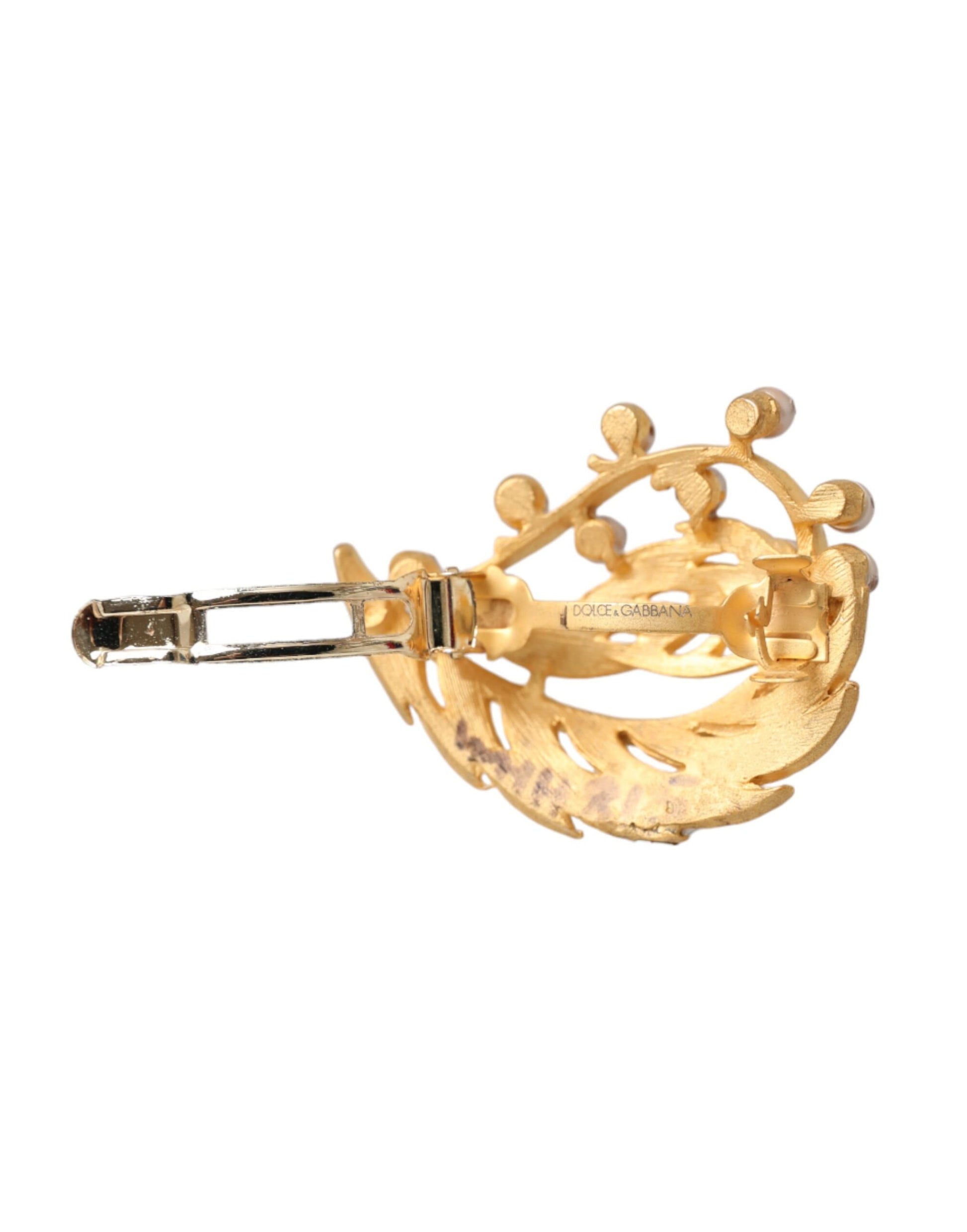 Dolce & Gabbana Gold Brass Leaf Embellished Jewelry Brooch Hair Pin Curated Luxury Accessories by Orvyn