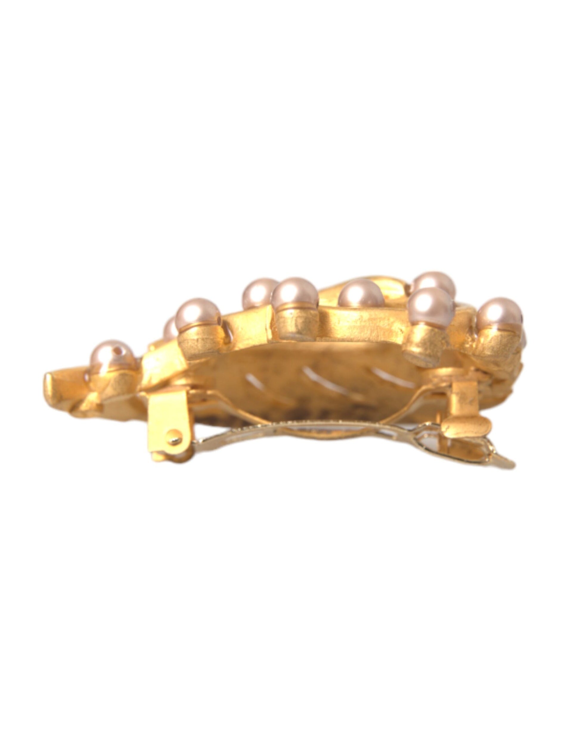 Dolce & Gabbana Gold Brass Leaf Embellished Jewelry Brooch Hair Pin Curated Luxury Accessories by Orvyn