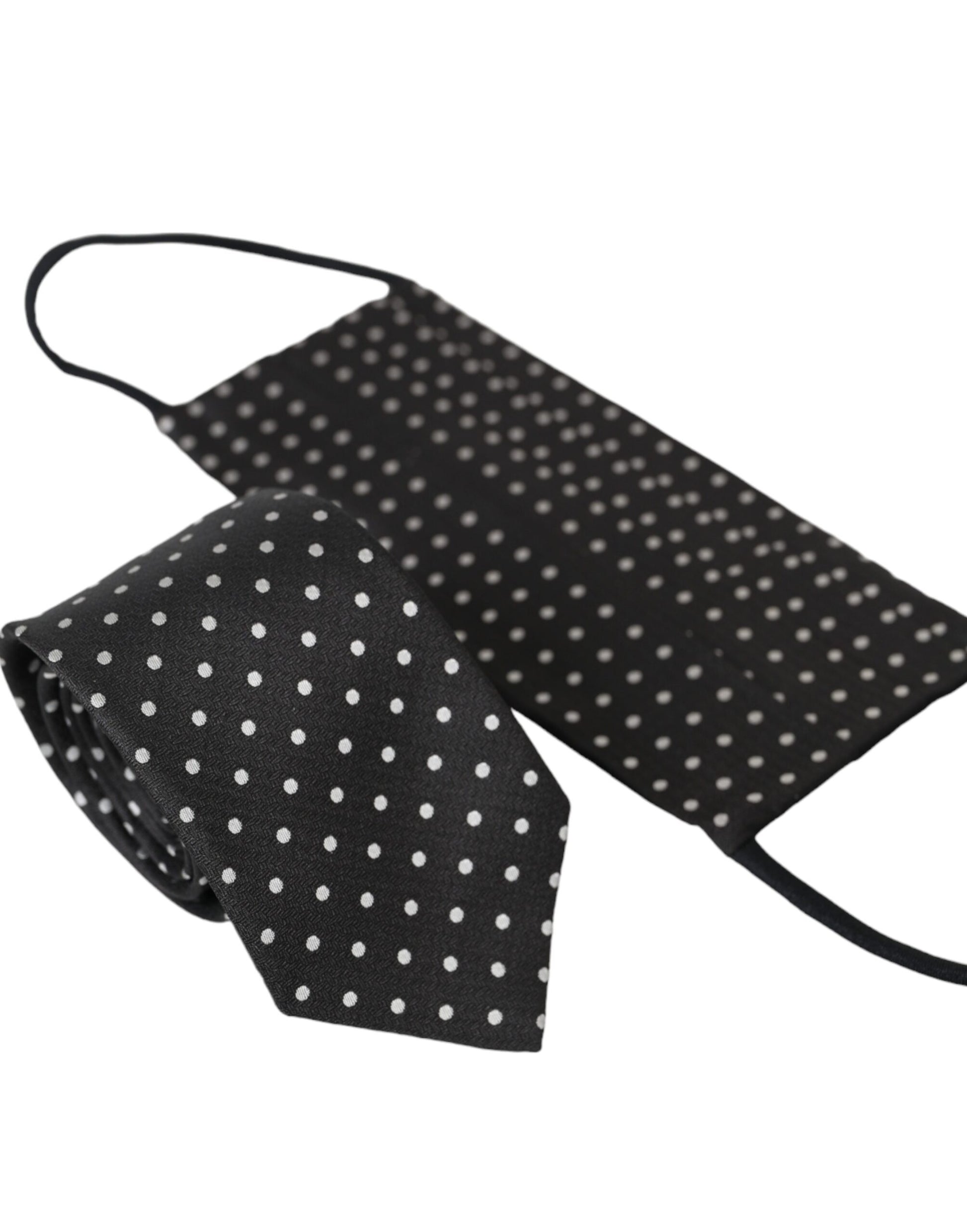 Dolce & Gabbana Black White Polka Dots 100% Silk Necktie Face Mask Curated Luxury Accessories by Orvyn