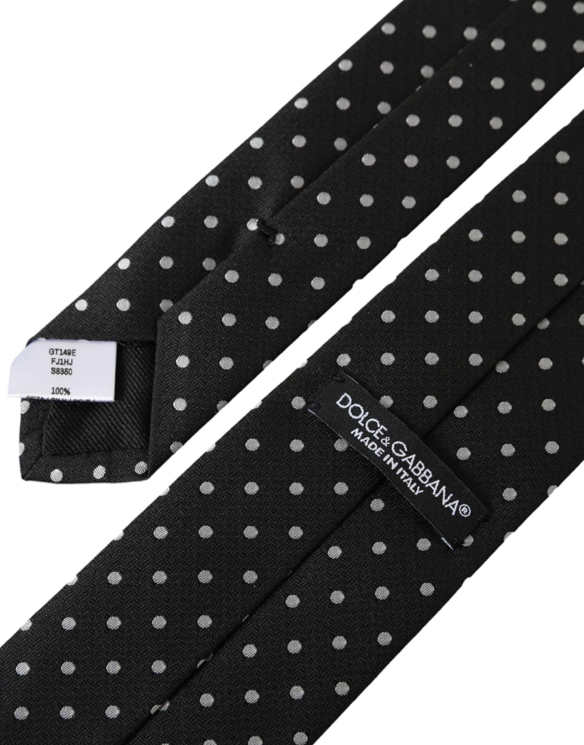 Dolce & Gabbana Black White Polka Dots 100% Silk Necktie Face Mask Curated Luxury Accessories by Orvyn