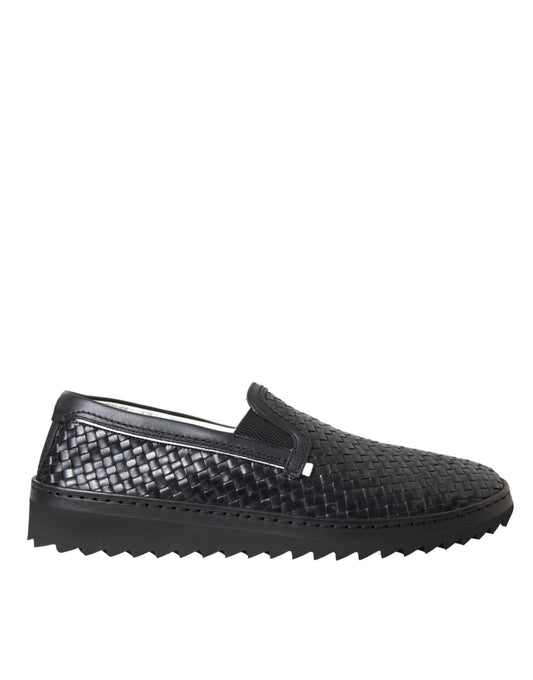 Dolce & Gabbana Black Woven Buffalo Leather Men Loafers Shoes Curated Luxury Accessories by Orvyn
