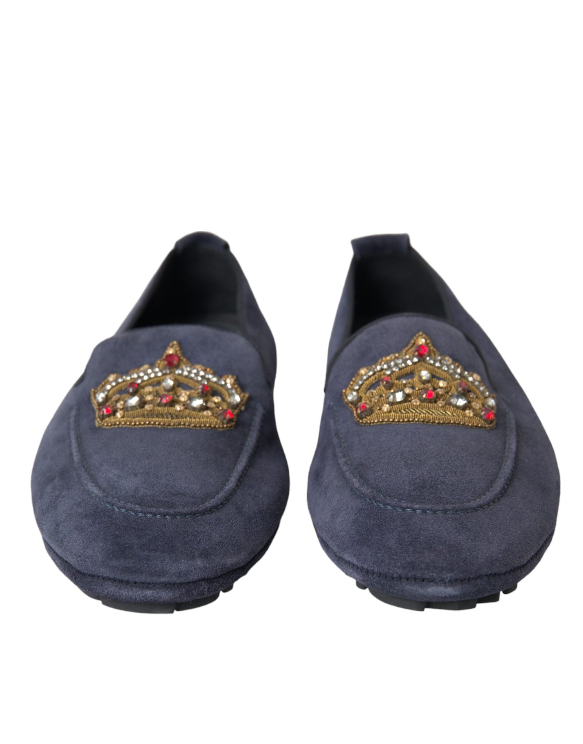 Dolce & Gabbana Blue Leather Suede Crystal Crown Loafers Shoes Curated Luxury Accessories by Orvyn