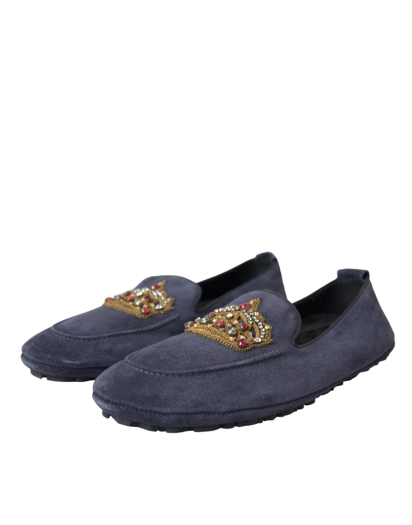 Dolce & Gabbana Blue Leather Suede Crystal Crown Loafers Shoes Curated Luxury Accessories by Orvyn