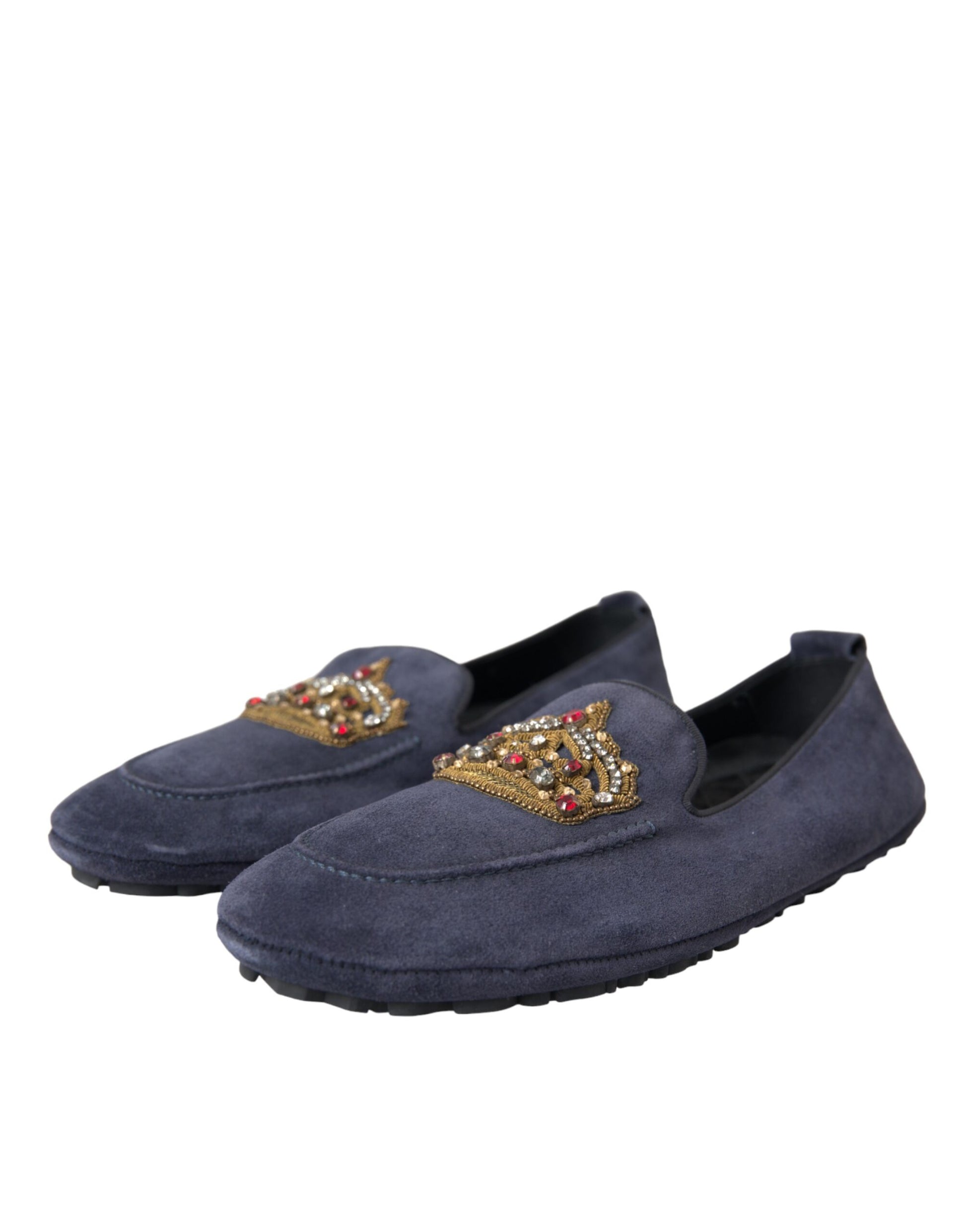 Dolce & Gabbana Blue Leather Suede Crystal Crown Loafers Shoes Curated Luxury Accessories by Orvyn