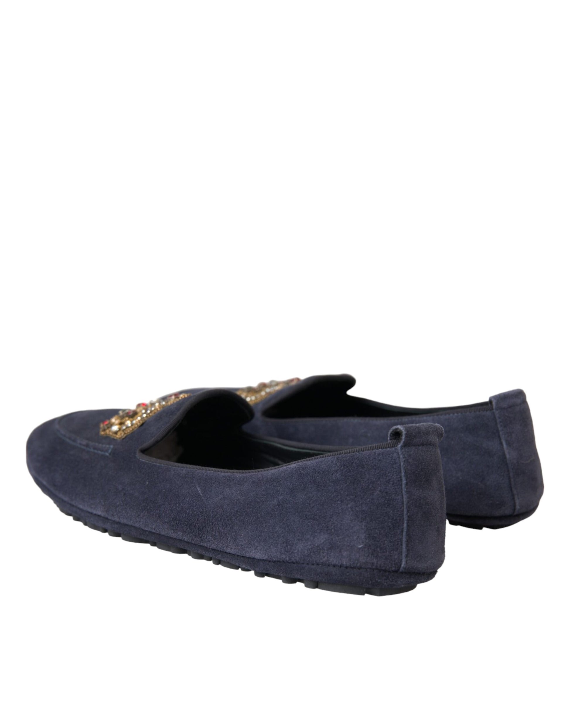 Dolce & Gabbana Blue Leather Suede Crystal Crown Loafers Shoes Curated Luxury Accessories by Orvyn
