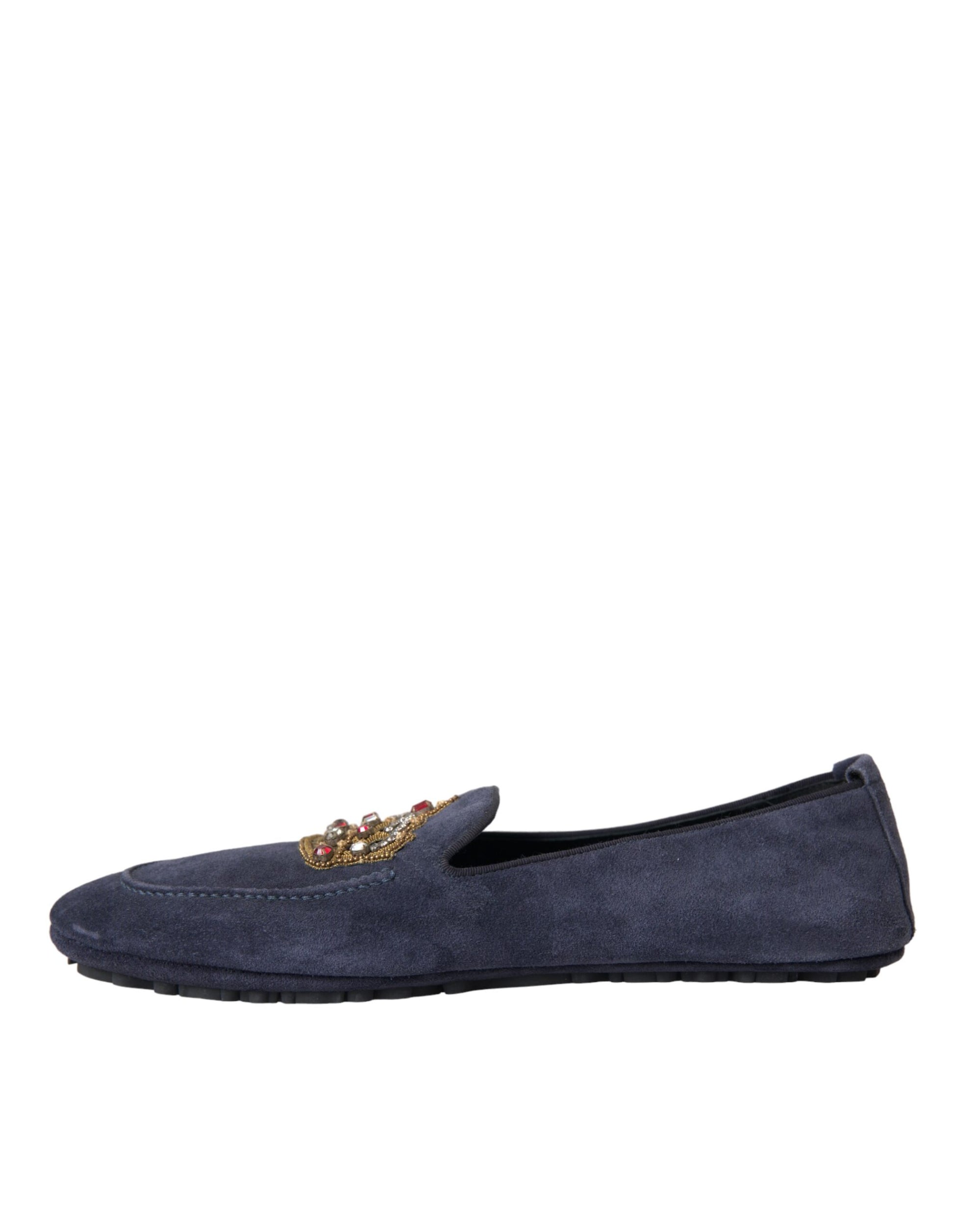 Dolce & Gabbana Blue Leather Suede Crystal Crown Loafers Shoes Curated Luxury Accessories by Orvyn