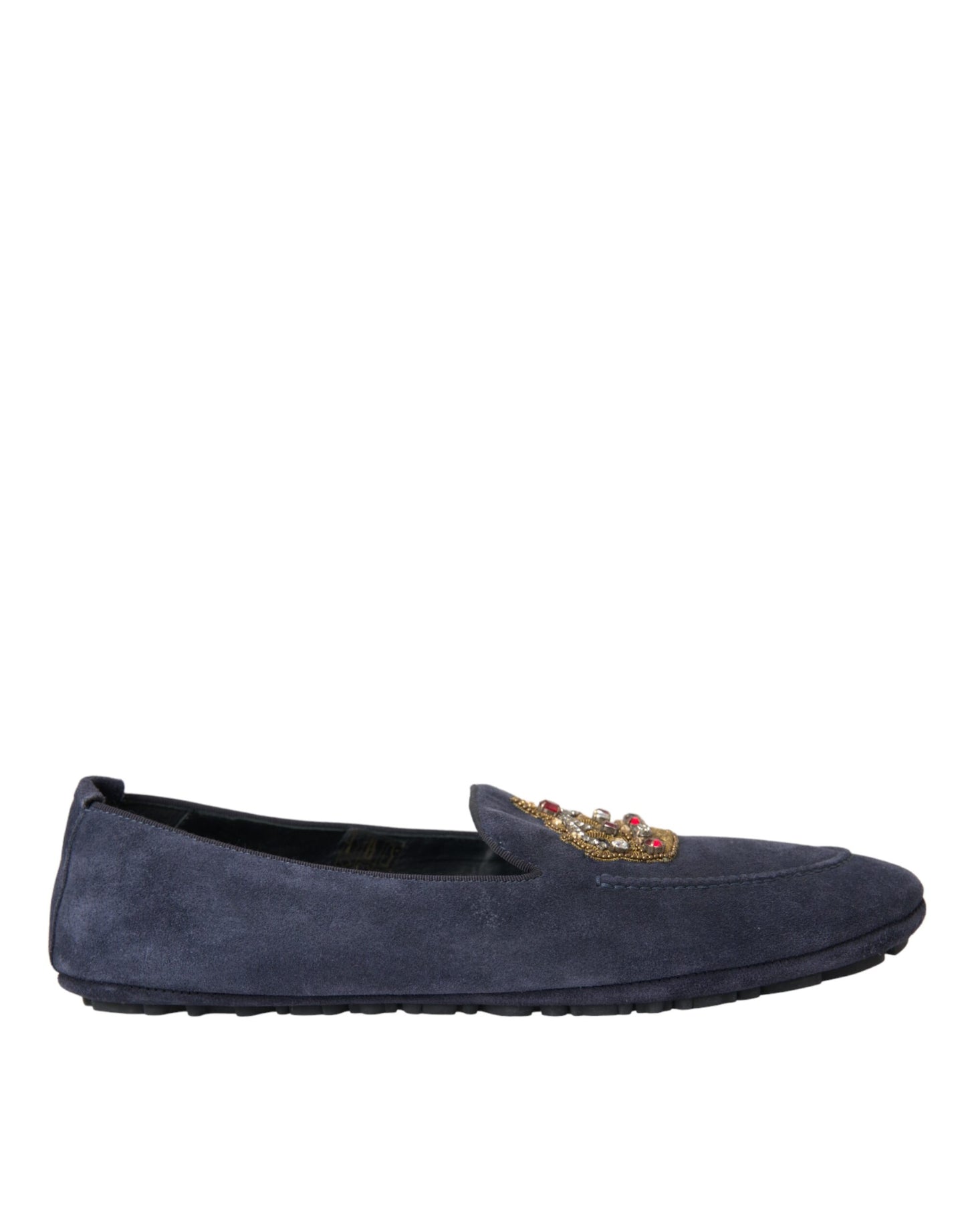 Dolce & Gabbana Blue Leather Suede Crystal Crown Loafers Shoes Curated Luxury Accessories by Orvyn