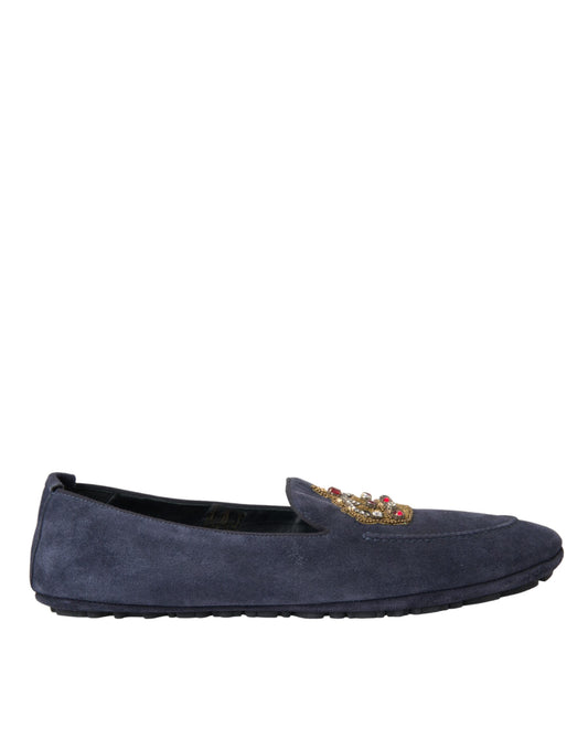 Dolce & Gabbana Blue Leather Suede Crystal Crown Loafers Shoes Curated Luxury Accessories by Orvyn