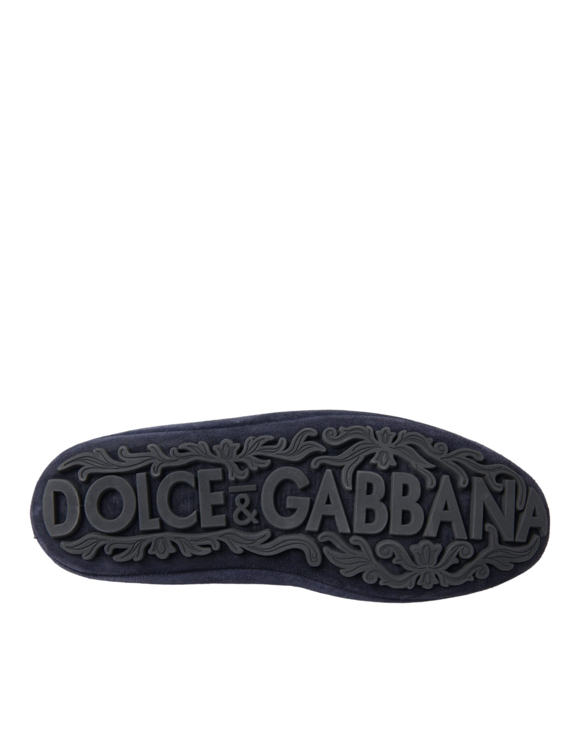 Dolce & Gabbana Blue Leather Suede Crystal Crown Loafers Shoes Curated Luxury Accessories by Orvyn