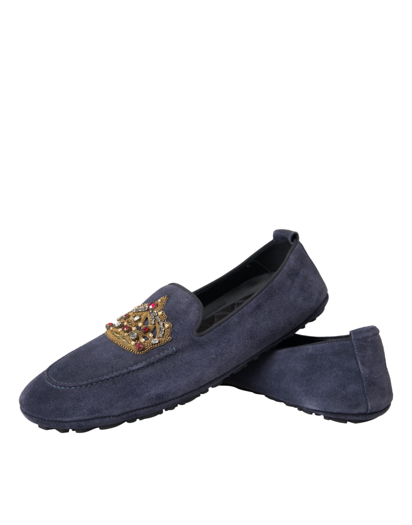 Dolce & Gabbana Blue Leather Suede Crystal Crown Loafers Shoes Curated Luxury Accessories by Orvyn
