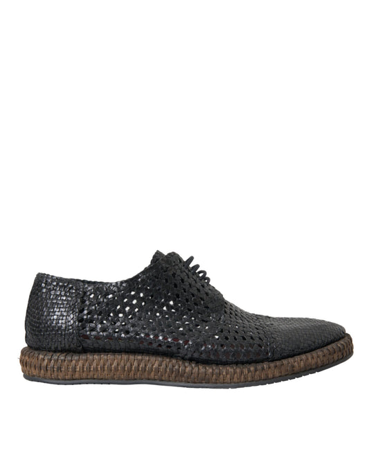 Dolce & Gabbana Black Woven Goat Leather Lace Up Derby Shoes Curated Luxury Accessories by Orvyn