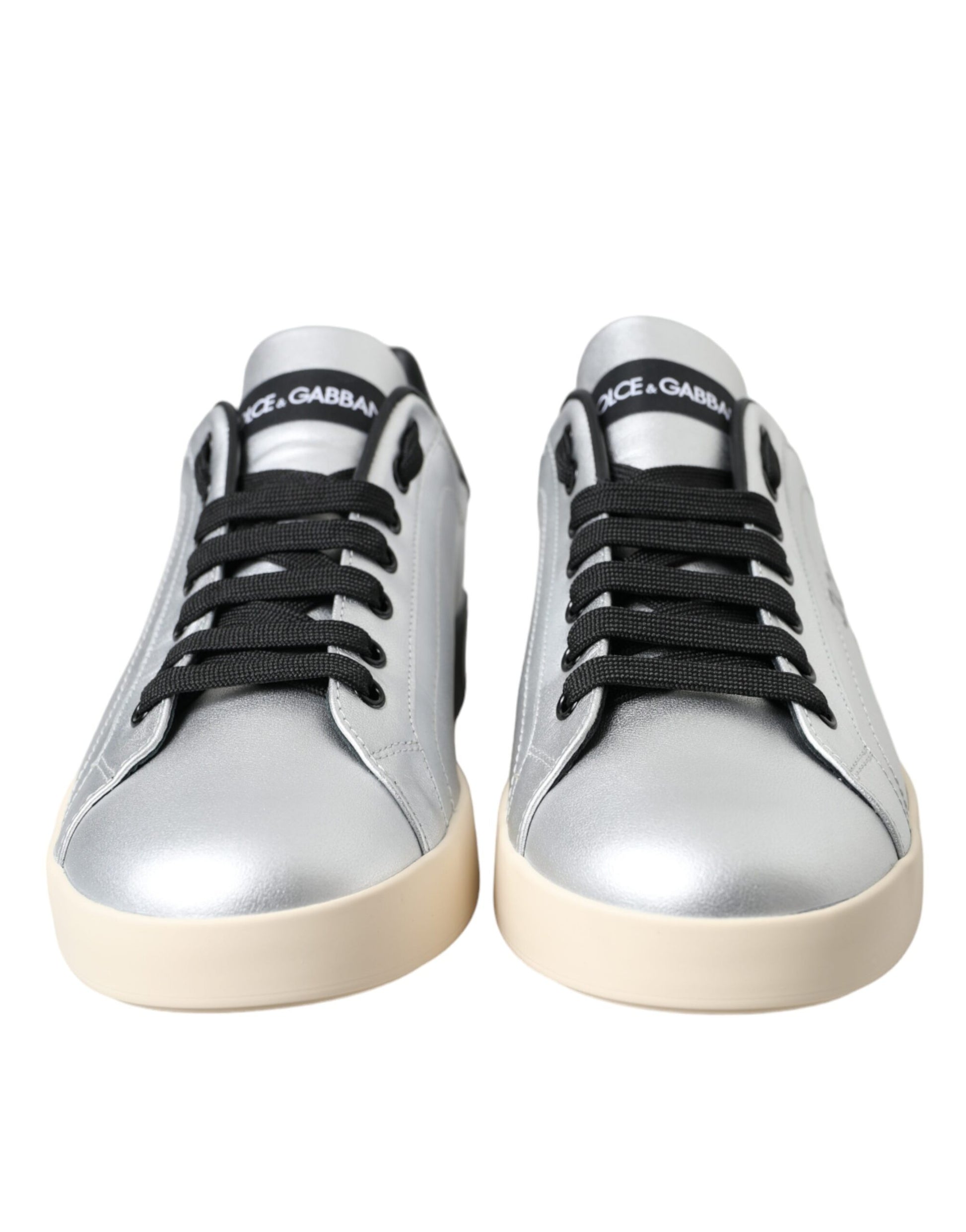 Dolce & Gabbana Silver 'Lace Up' 'Low Top' 'Portofino' Sneakers schwarz