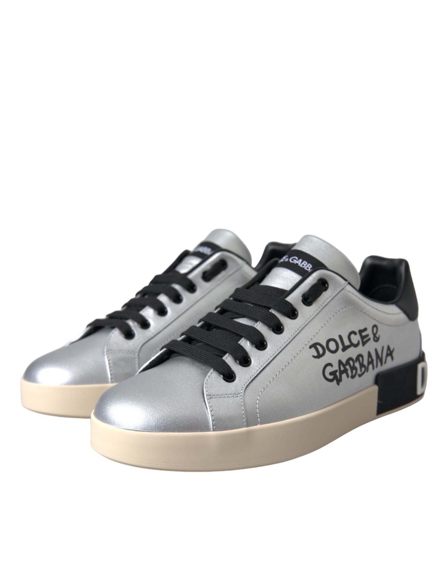 Dolce & Gabbana Silver 'Lace Up' 'Low Top' 'Portofino' Sneakers schwarz