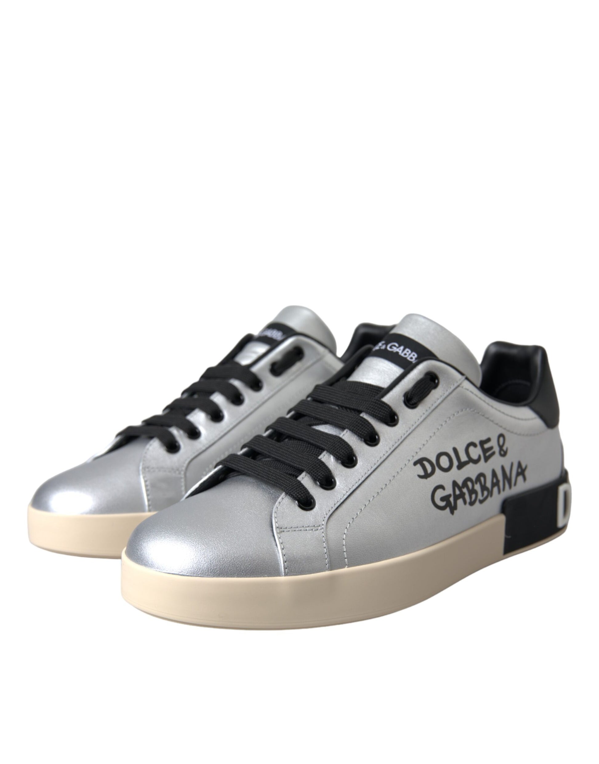 Dolce & Gabbana Silver 'Lace Up' 'Low Top' 'Portofino' Sneakers schwarz