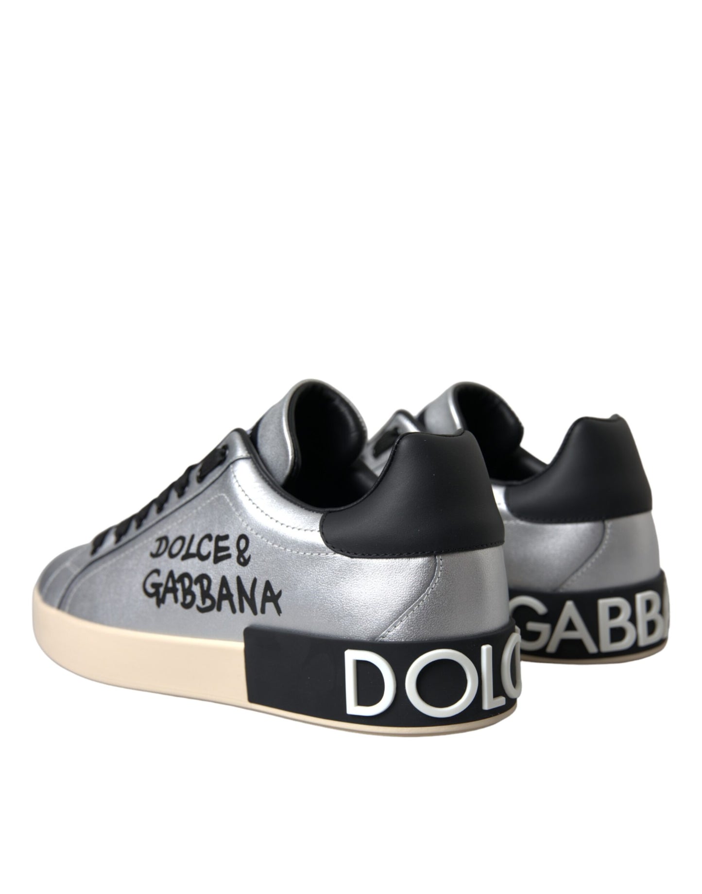 Dolce & Gabbana Silver 'Lace Up' 'Low Top' 'Portofino' Sneakers schwarz
