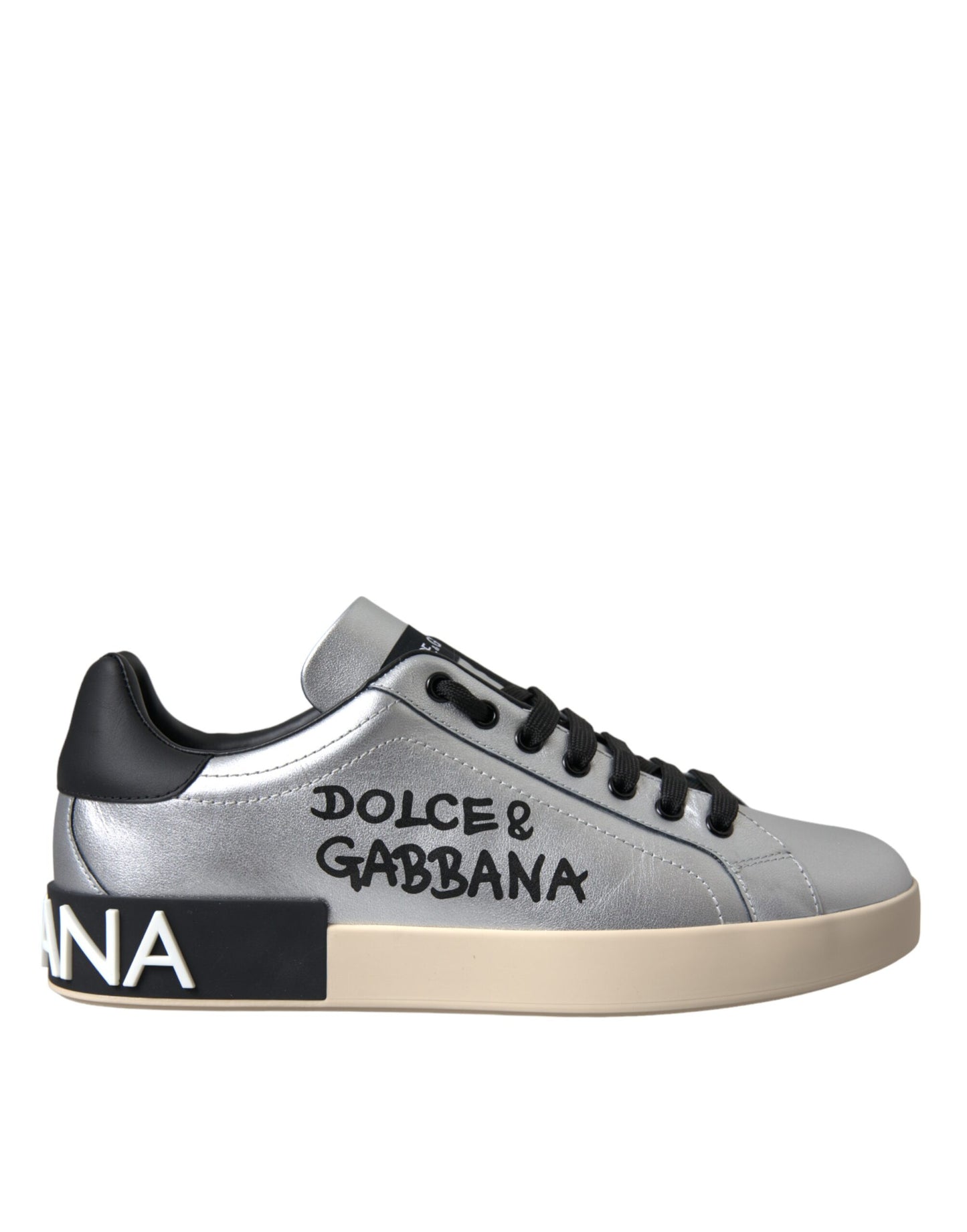 Dolce & Gabbana Silver 'Lace Up' 'Low Top' 'Portofino' Sneakers schwarz