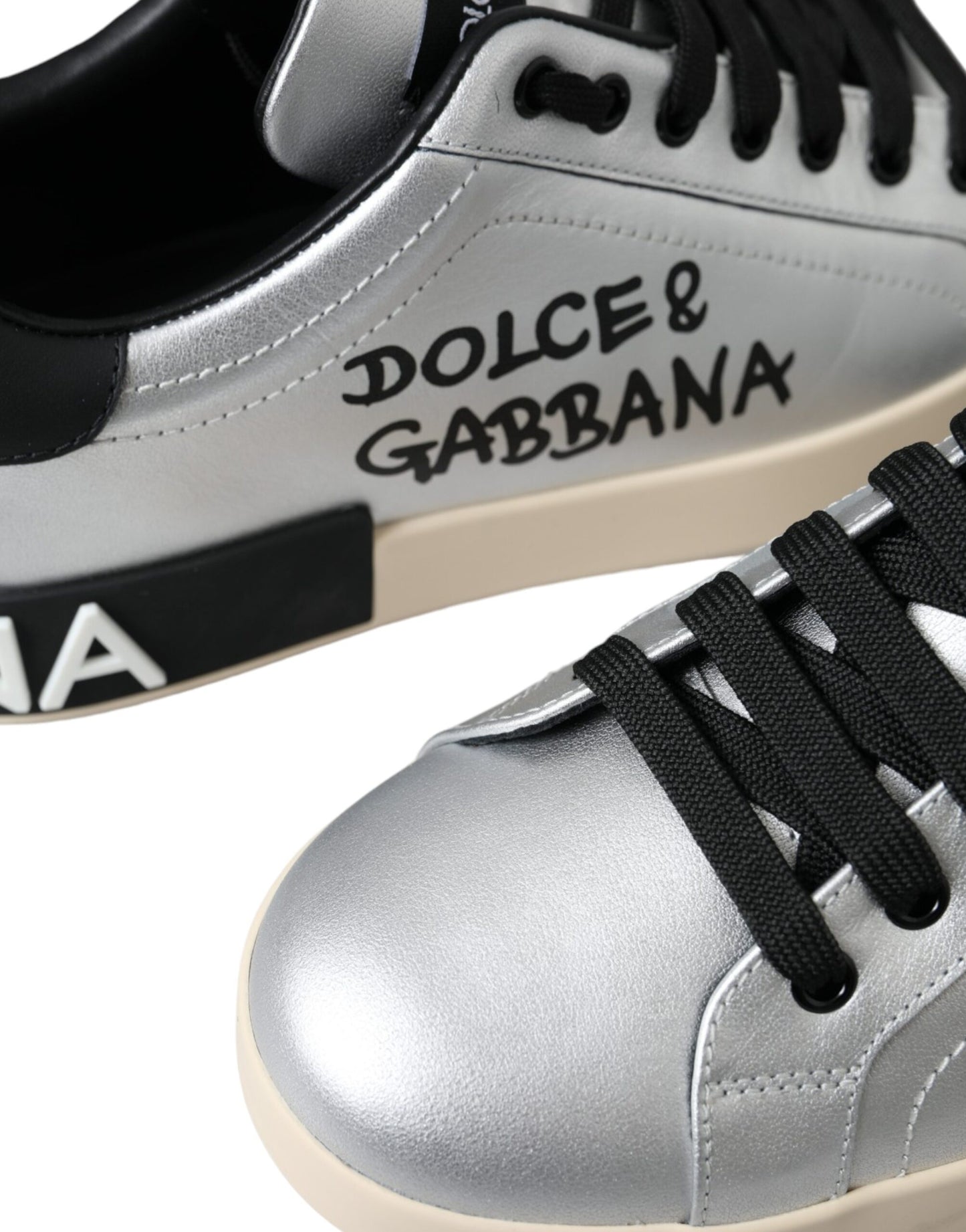 Dolce & Gabbana Silver 'Lace Up' 'Low Top' 'Portofino' Sneakers schwarz