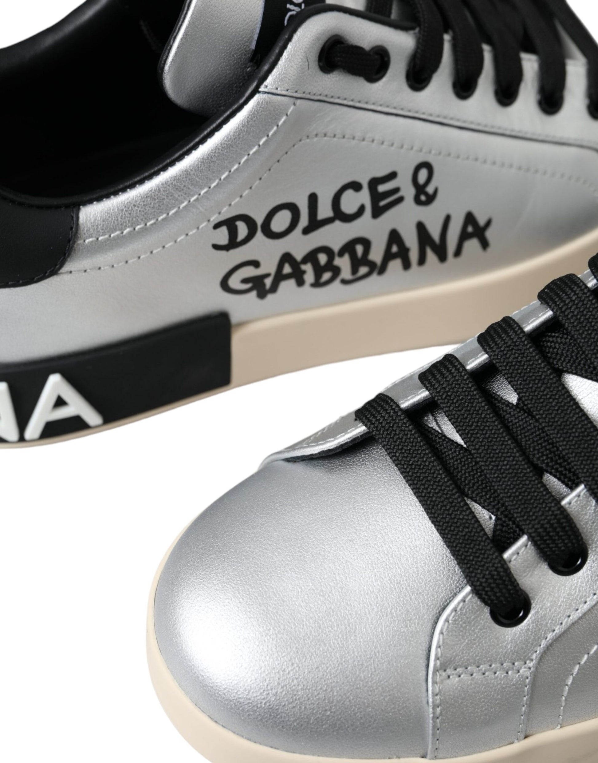 Dolce & Gabbana Silver 'Lace Up' 'Low Top' 'Portofino' Sneakers schwarz