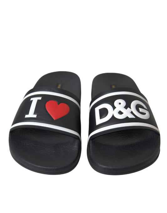 Dolce & Gabbana Black Leather I Love D&G Sandals Slides Shoes Curated Luxury Accessories by Orvyn