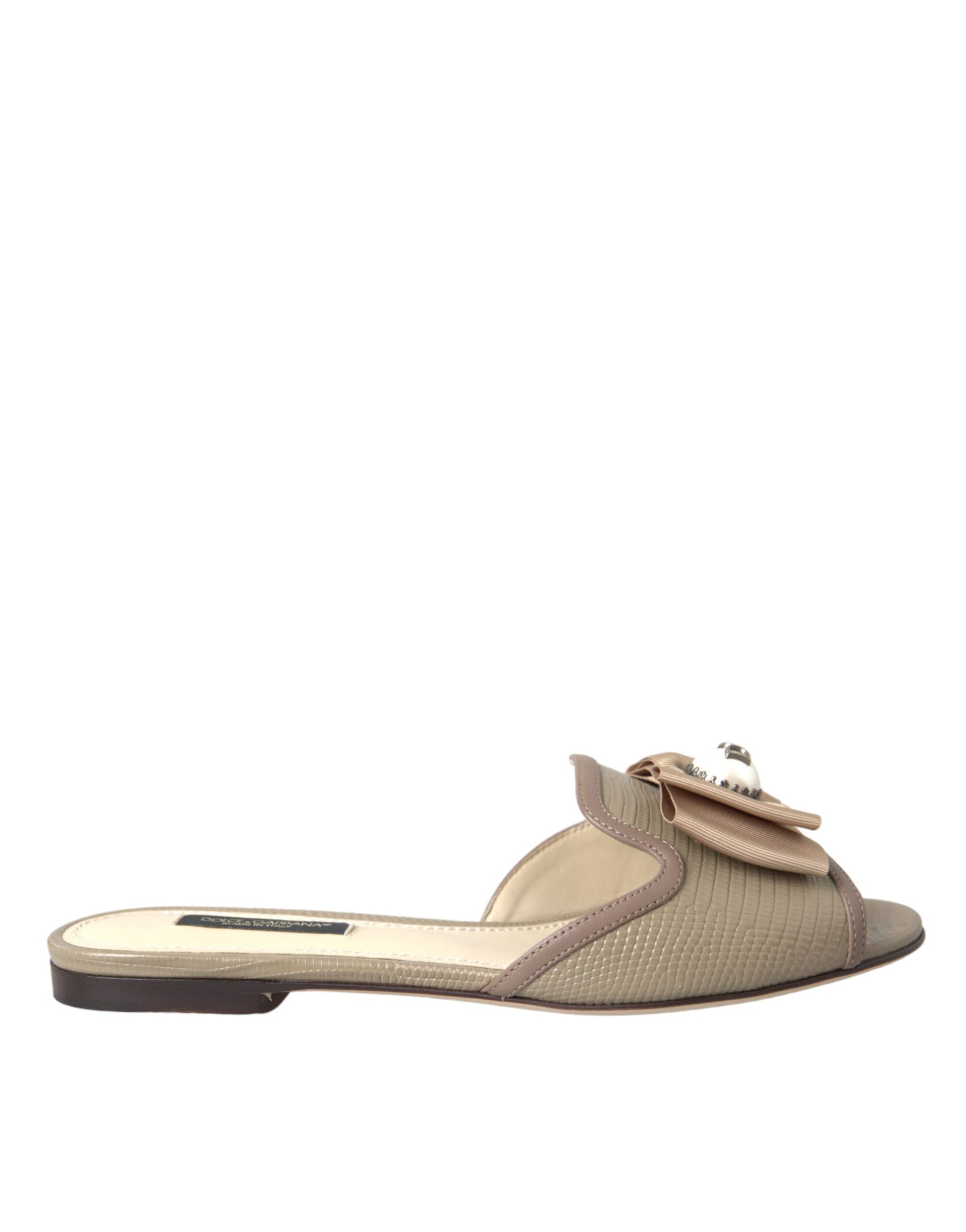 Dolce & Gabbana Beige Logo Pearl Flats Sandals Slides Shoes Curated Luxury Accessories by Orvyn