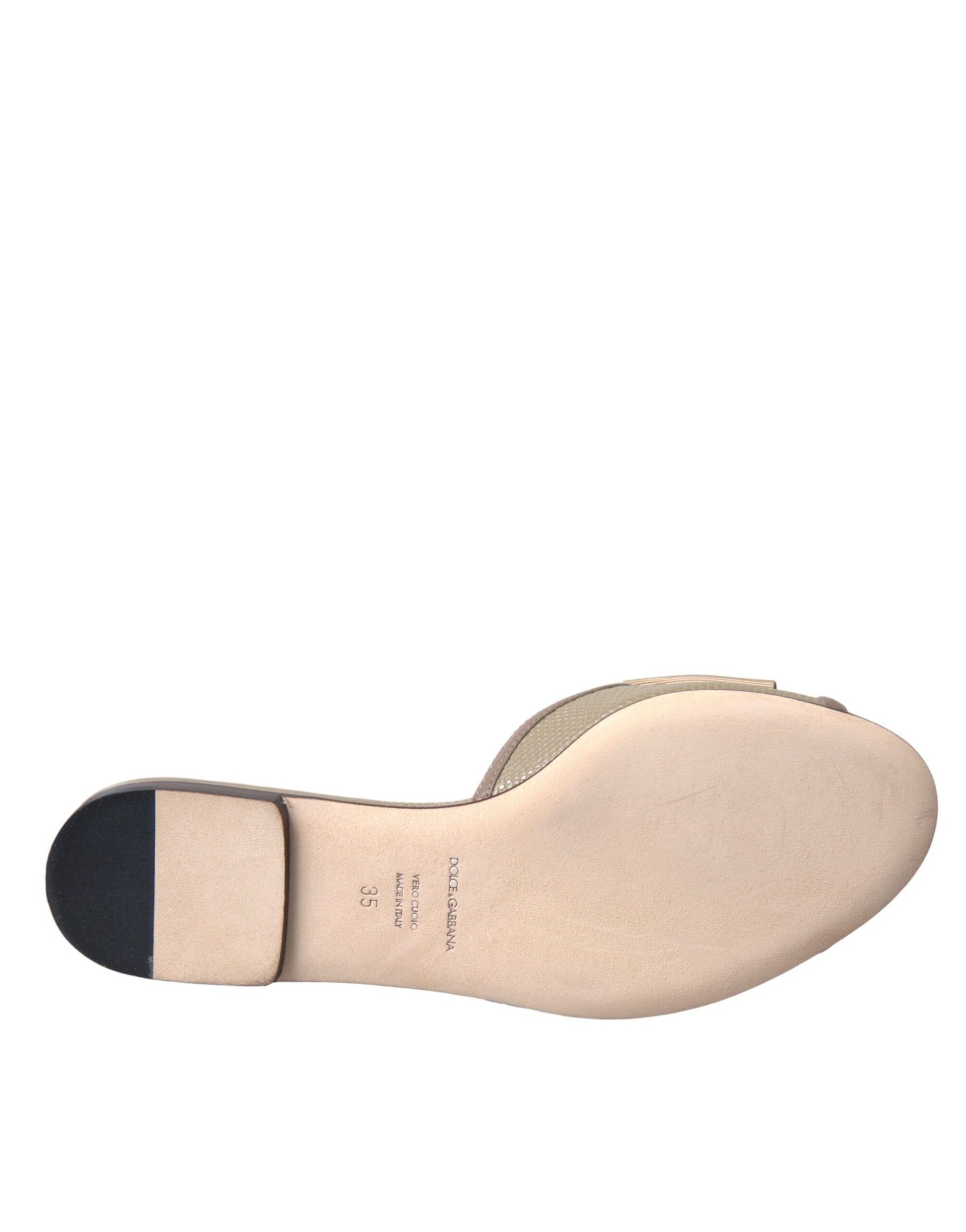 Dolce & Gabbana Beige Logo Pearl Flats Sandals Slides Shoes Curated Luxury Accessories by Orvyn