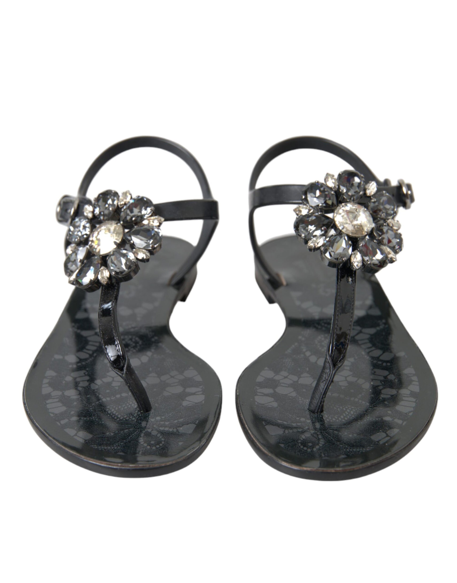 Dolce & Gabbana Black Crystal Flats Sandals Flip Flops Shoes Curated Luxury Accessories by Orvyn