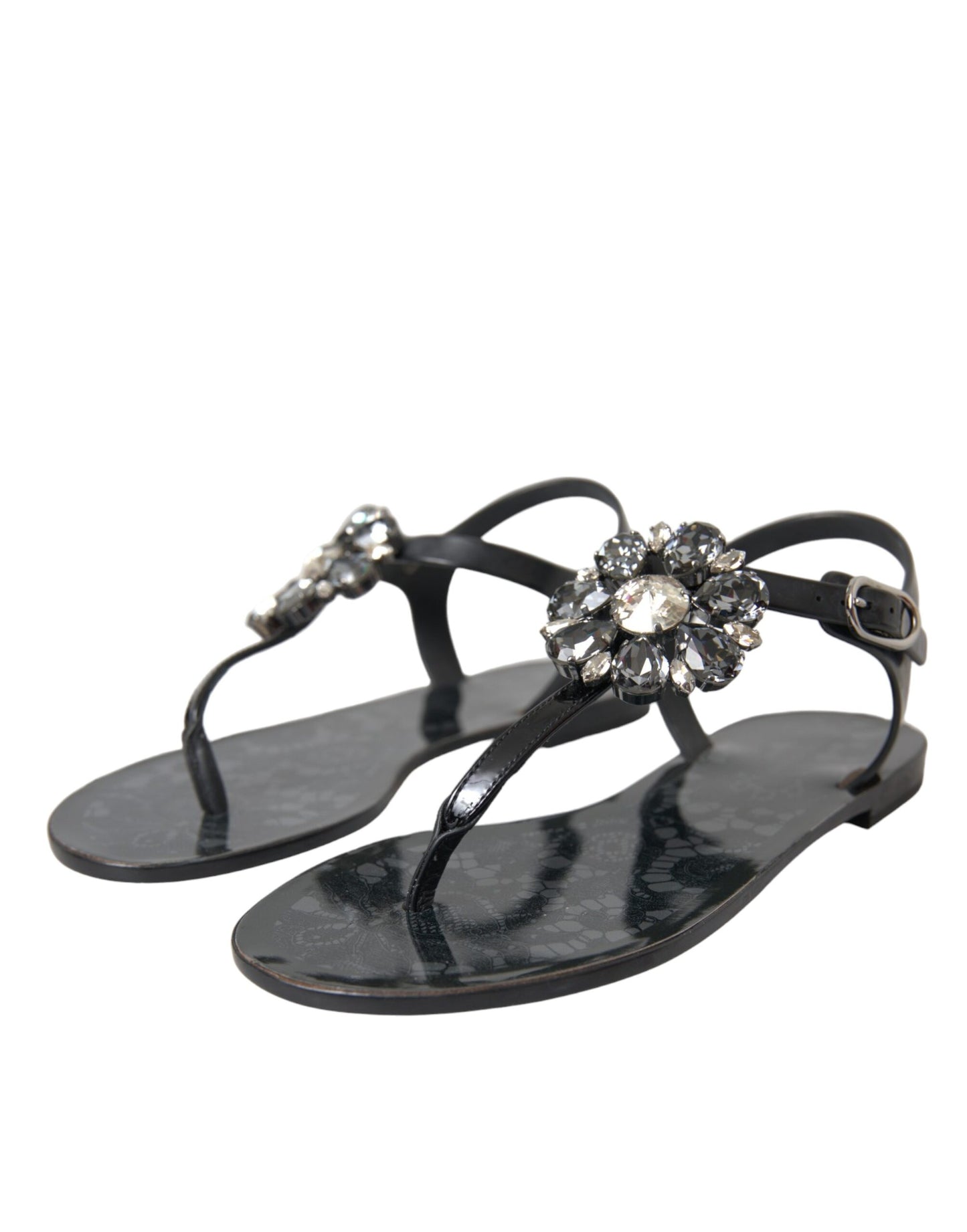 Dolce & Gabbana Black Crystal Flats Sandals Flip Flops Shoes Curated Luxury Accessories by Orvyn
