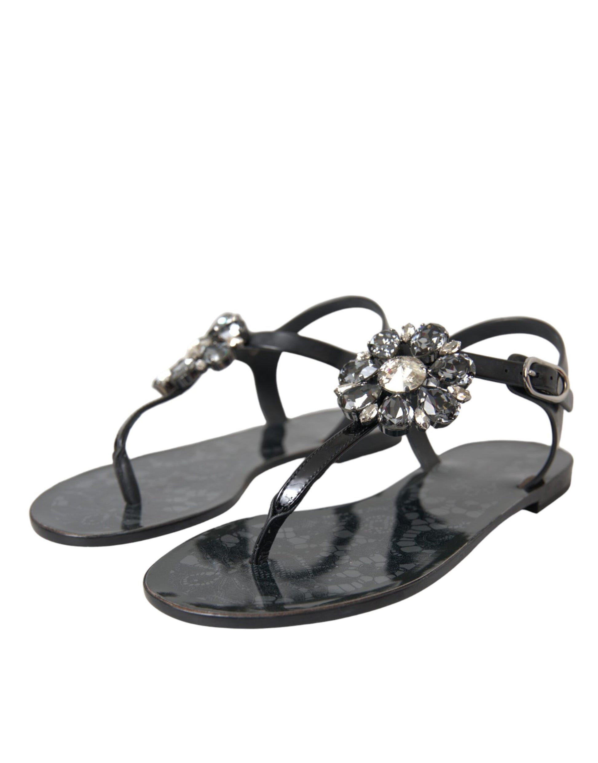 Dolce & Gabbana Black Crystal Flats Sandals Flip Flops Shoes Curated Luxury Accessories by Orvyn