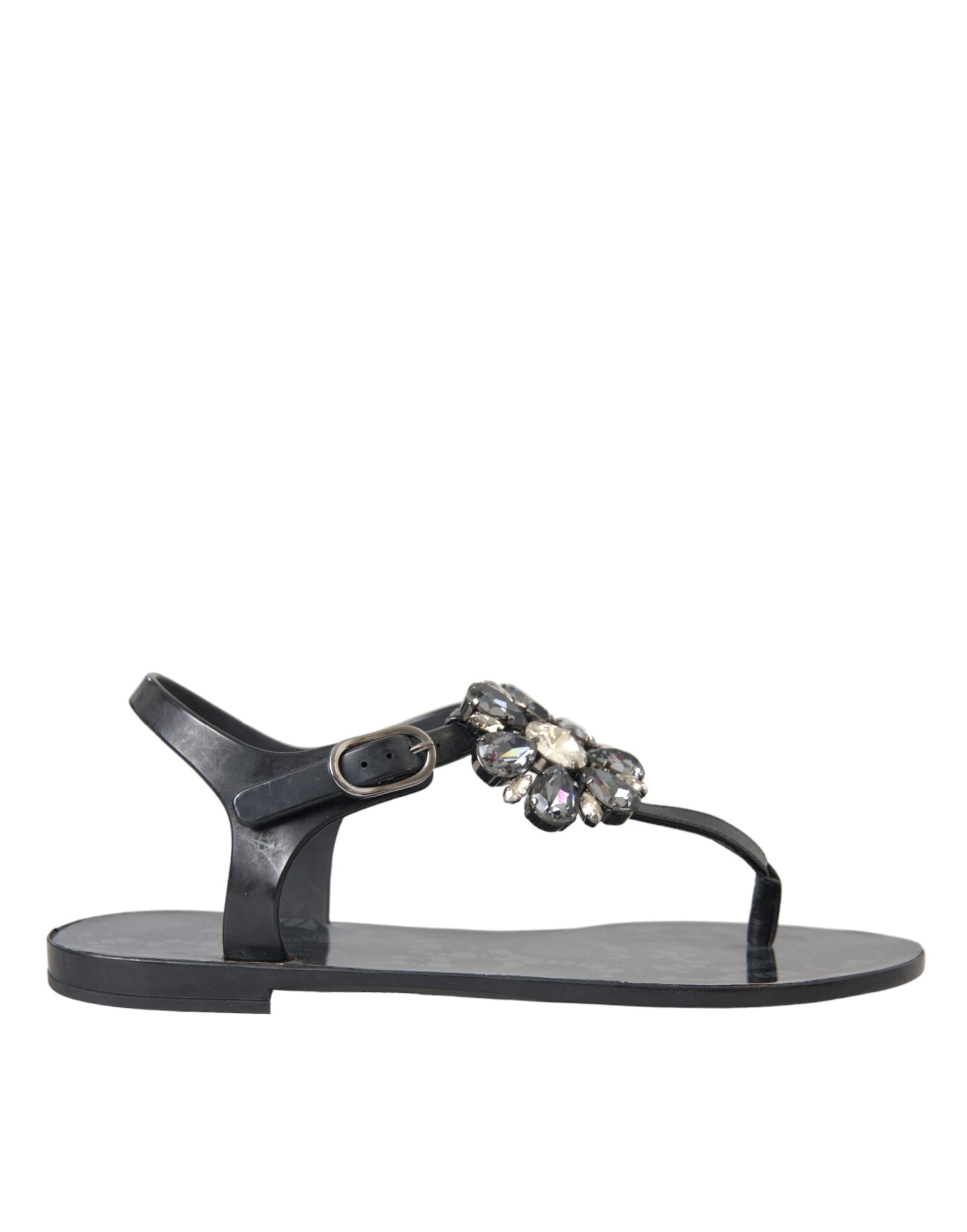 Dolce & Gabbana Black Crystal Flats Sandals Flip Flops Shoes Curated Luxury Accessories by Orvyn