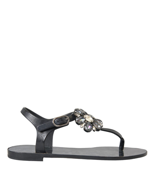 Dolce & Gabbana Black Crystal Flats Sandals Flip Flops Shoes Curated Luxury Accessories by Orvyn