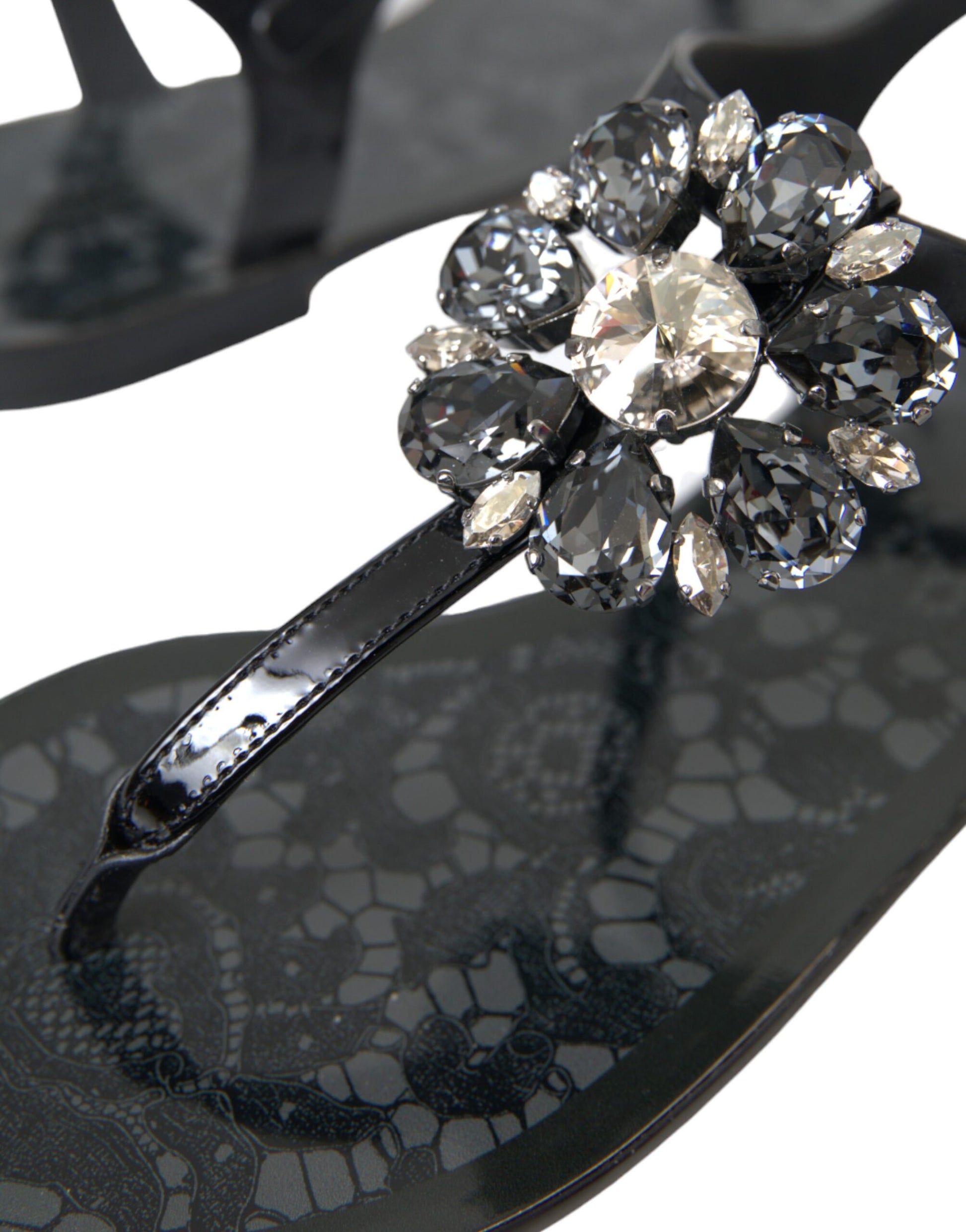 Dolce & Gabbana Black Crystal Flats Sandals Flip Flops Shoes Curated Luxury Accessories by Orvyn